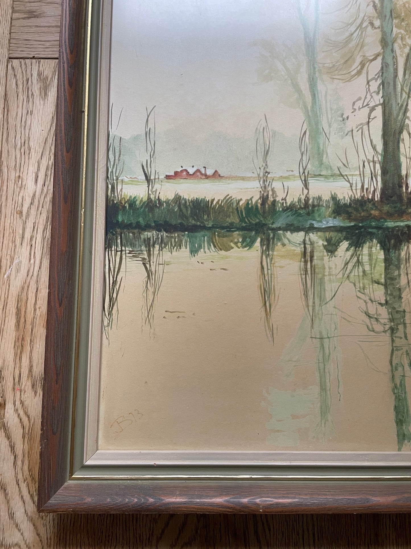 Framed Vintage Print Marsh Landscape with Ducks Flying
