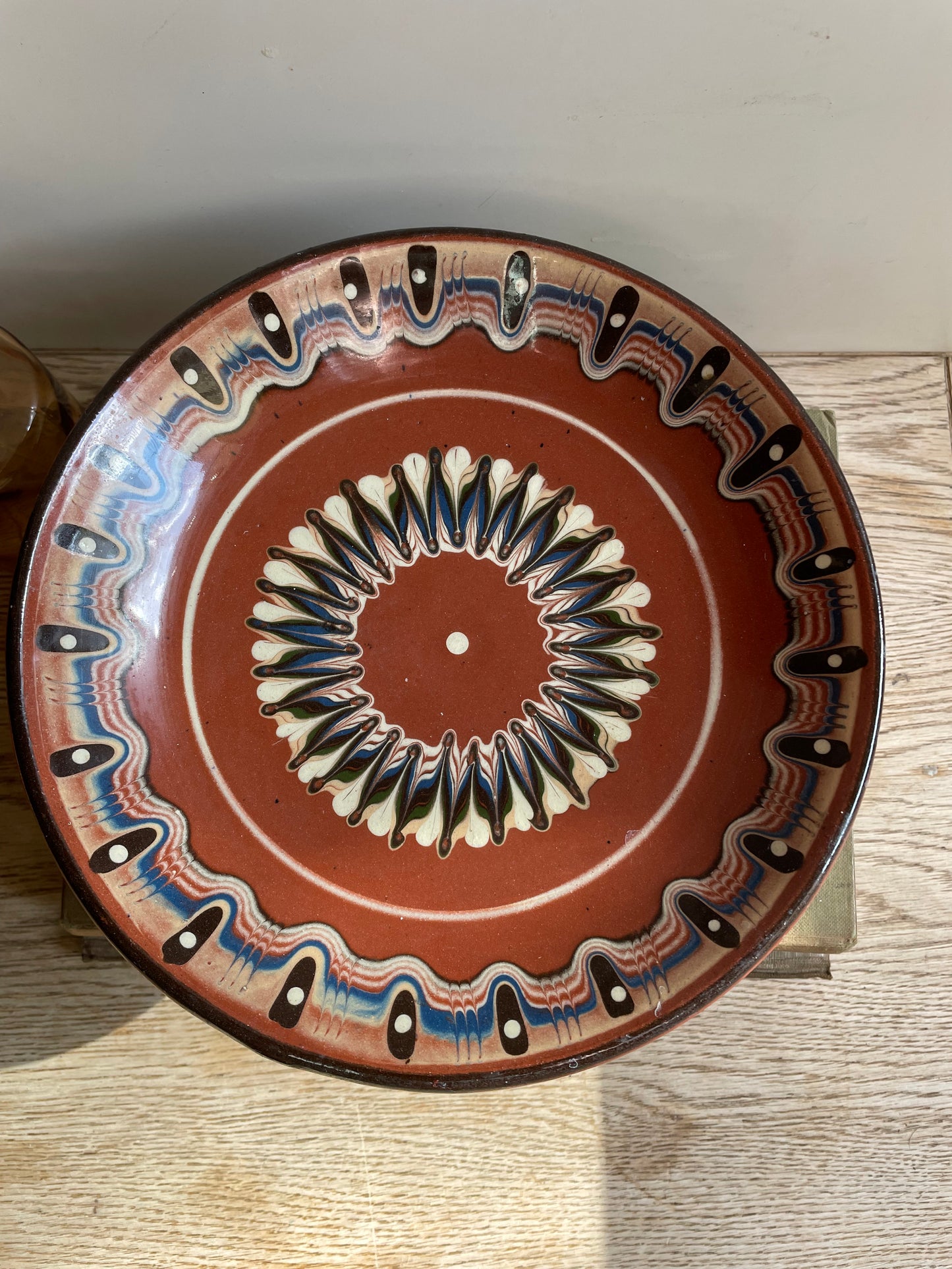 Vintage Troyan Redware Peacock Eye Feather Pedestal Fruit Bowl