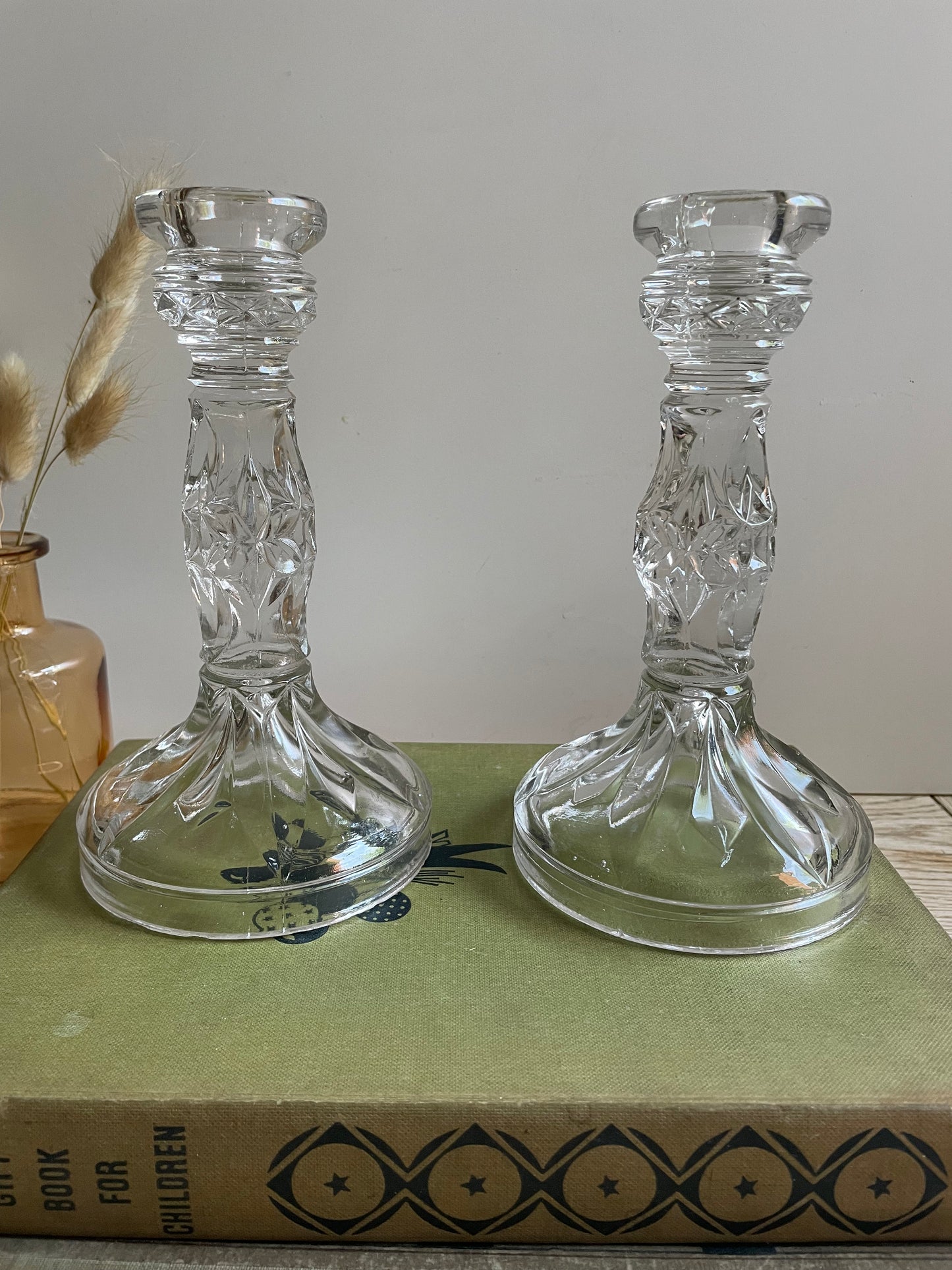 Vintage Pressed Glass Candlestick Holder Pair Mantle Table Display