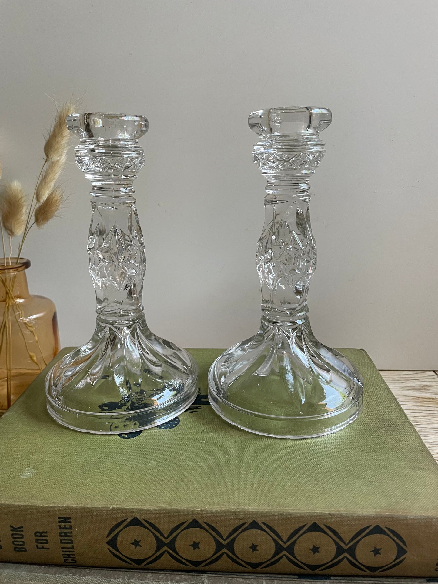 Vintage Pressed Glass Candlestick Holder Pair Mantle Table Display