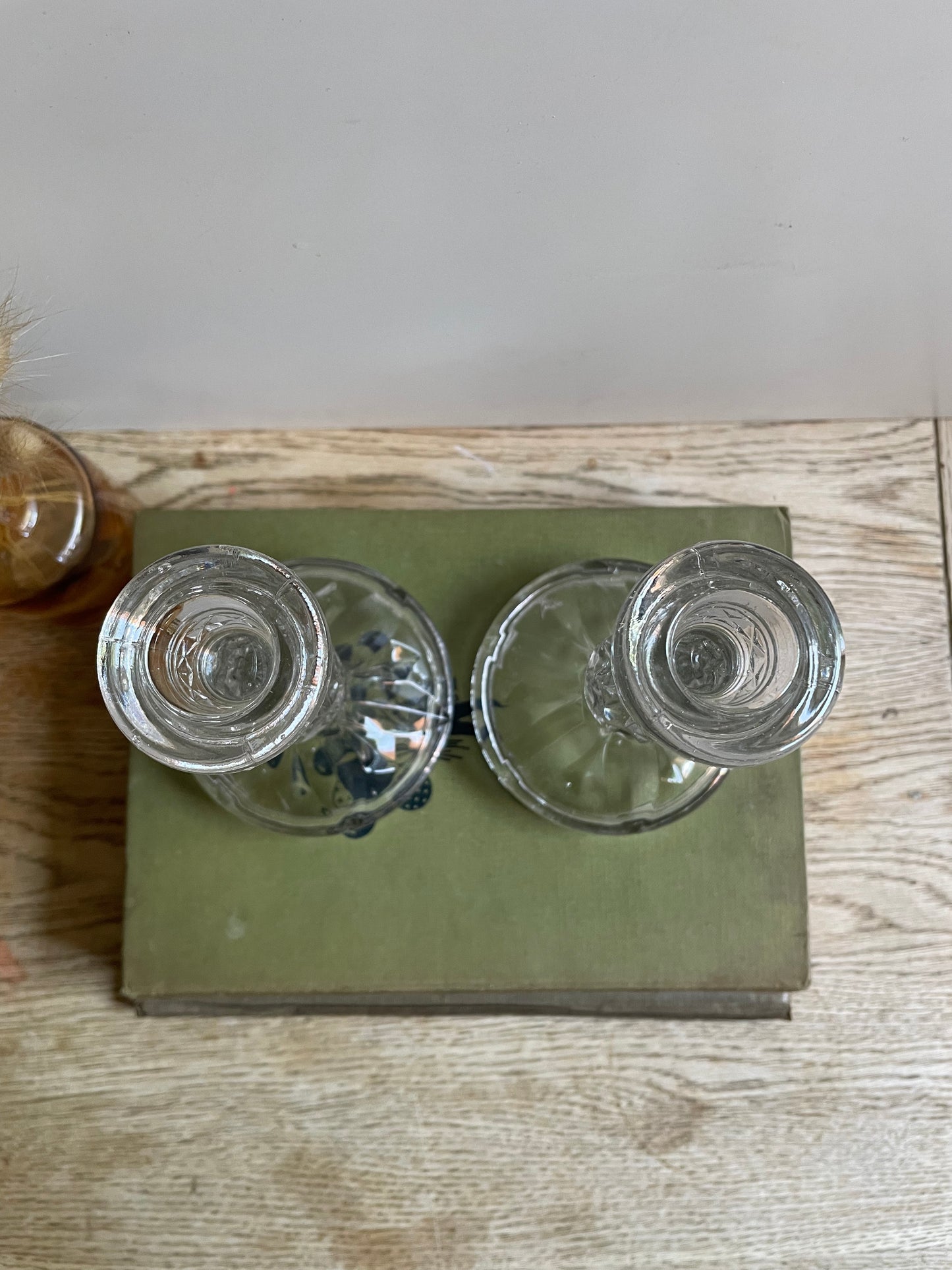 Vintage Pressed Glass Candlestick Holder Pair Mantle Table Display