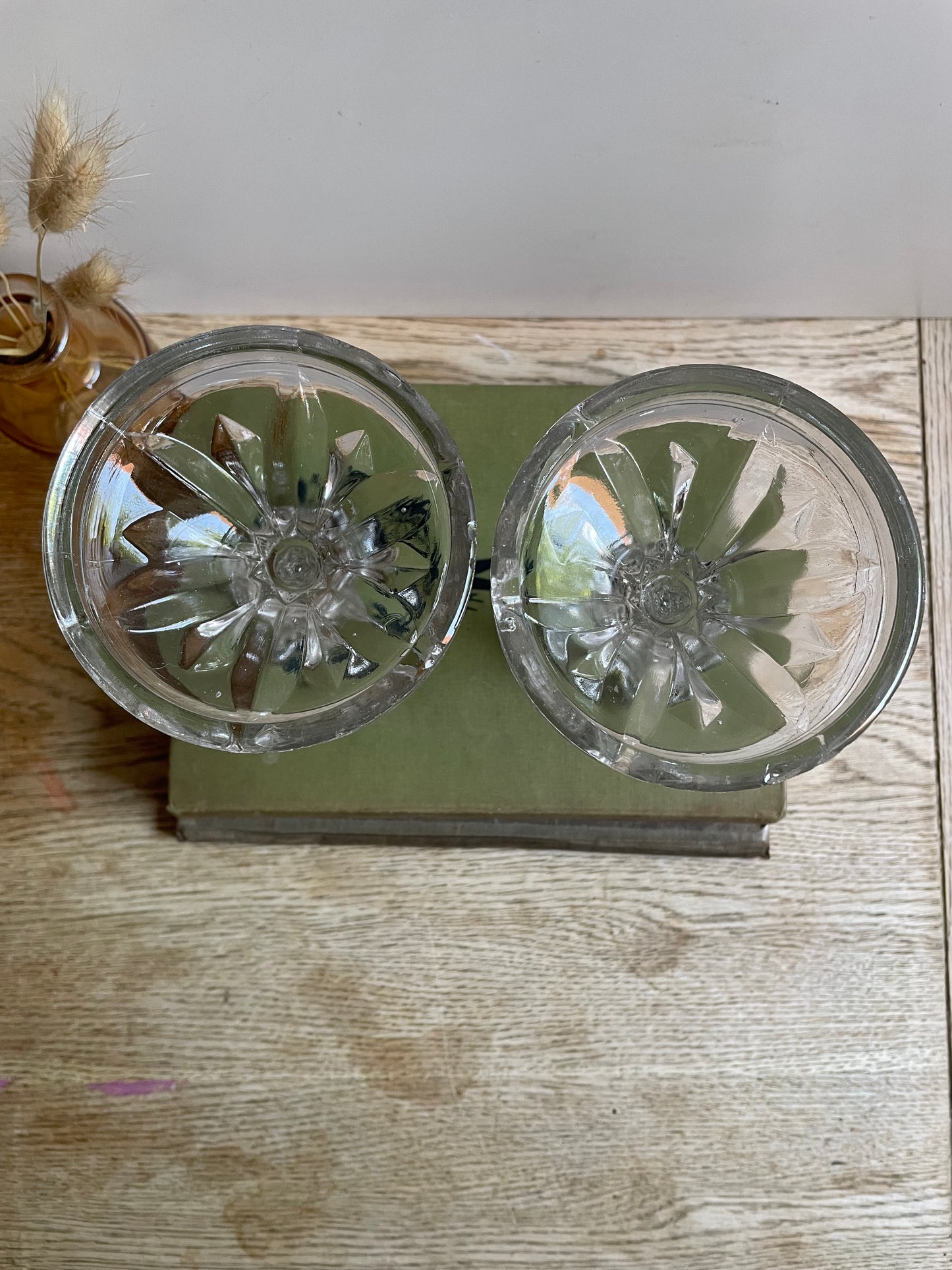 Vintage Pressed Glass Candlestick Holder Pair Mantle Table Display