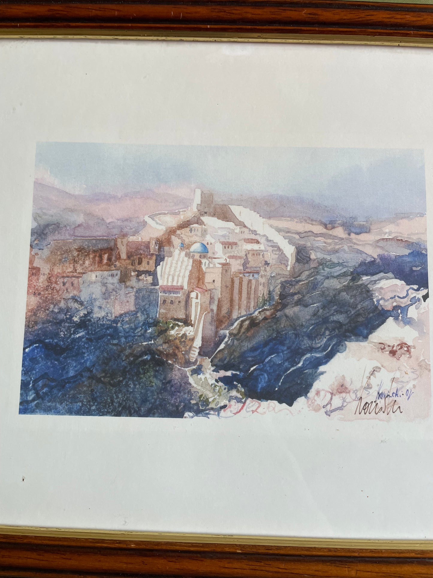 Framed Pair of Watercolour Prints of the Mar Saba Monastery