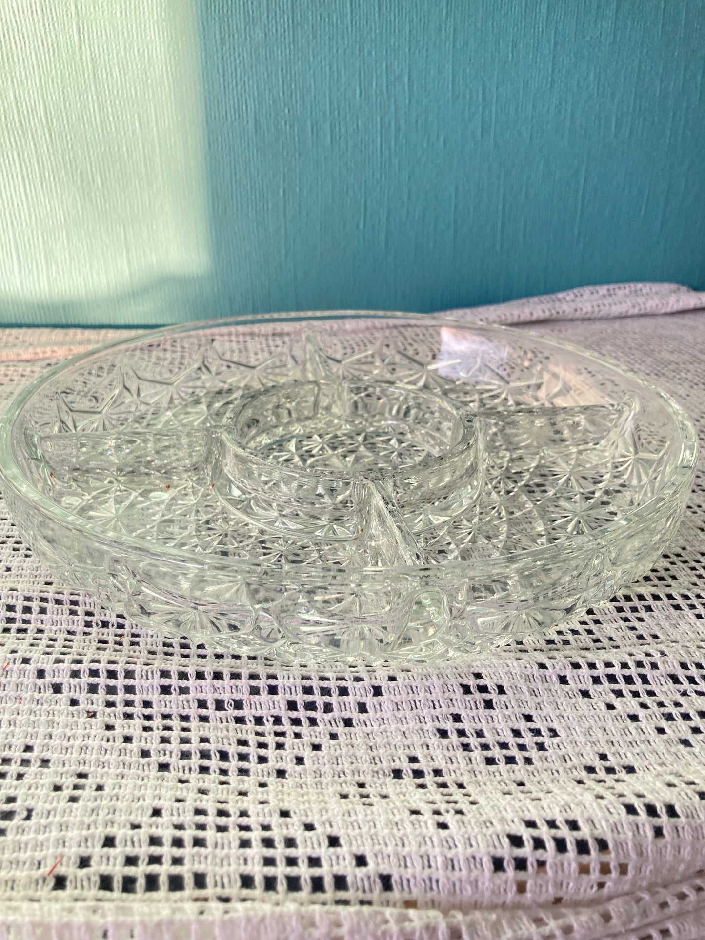 Daisy Button Pattern Divided Relish 5-part Round Vintage Pressed Clear Glass