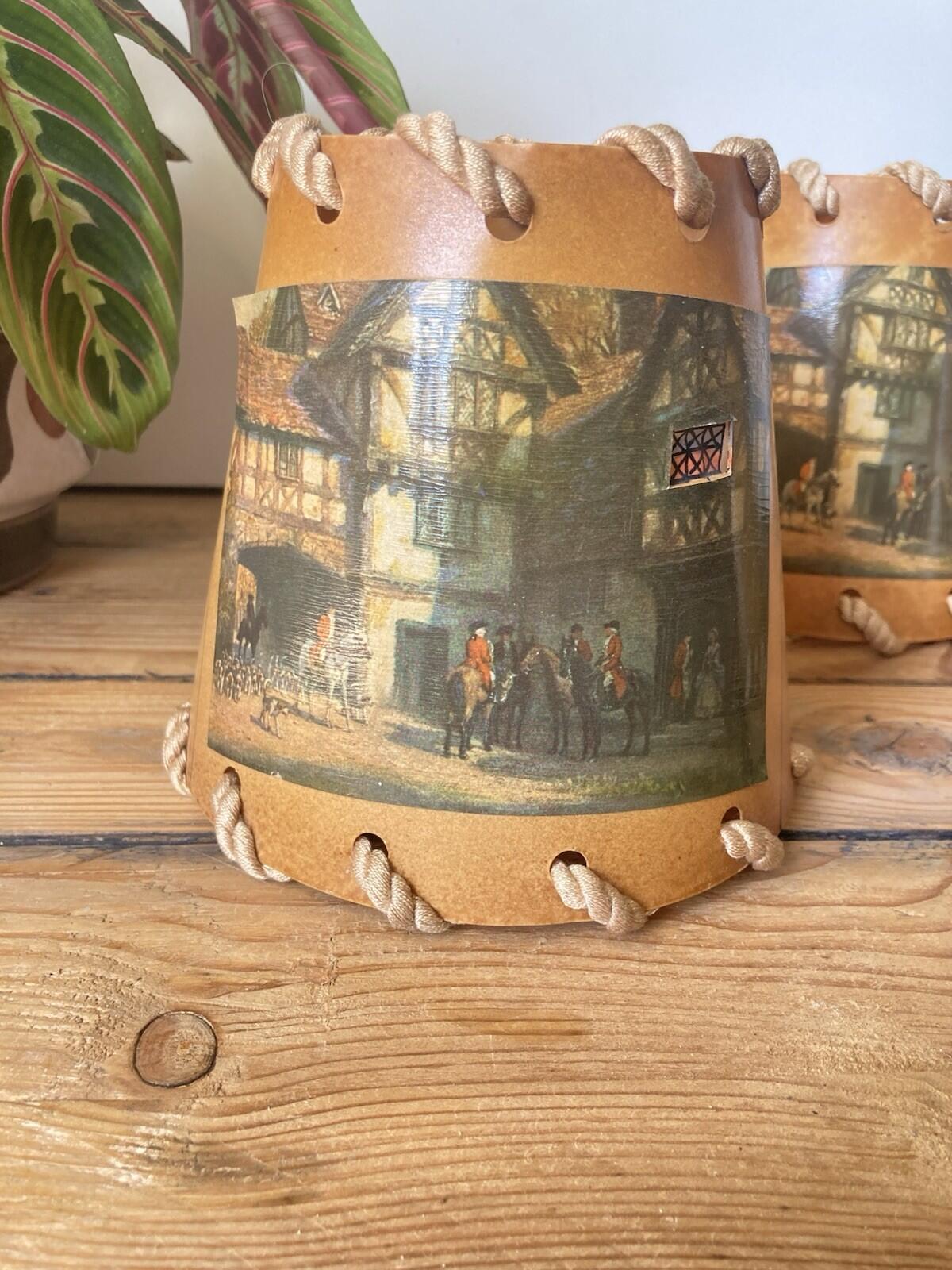 Vintage Trio Of Coated Paper Table Lamp Shades Rope Trim Hunting/Street Scene