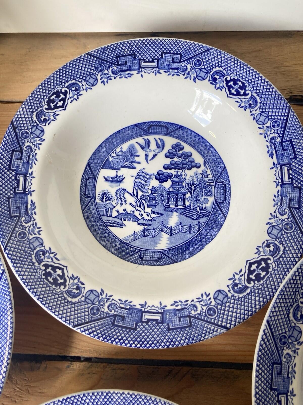 Barratts Willow 4 Rimmed Dessert / Soup Bowls Blue & White