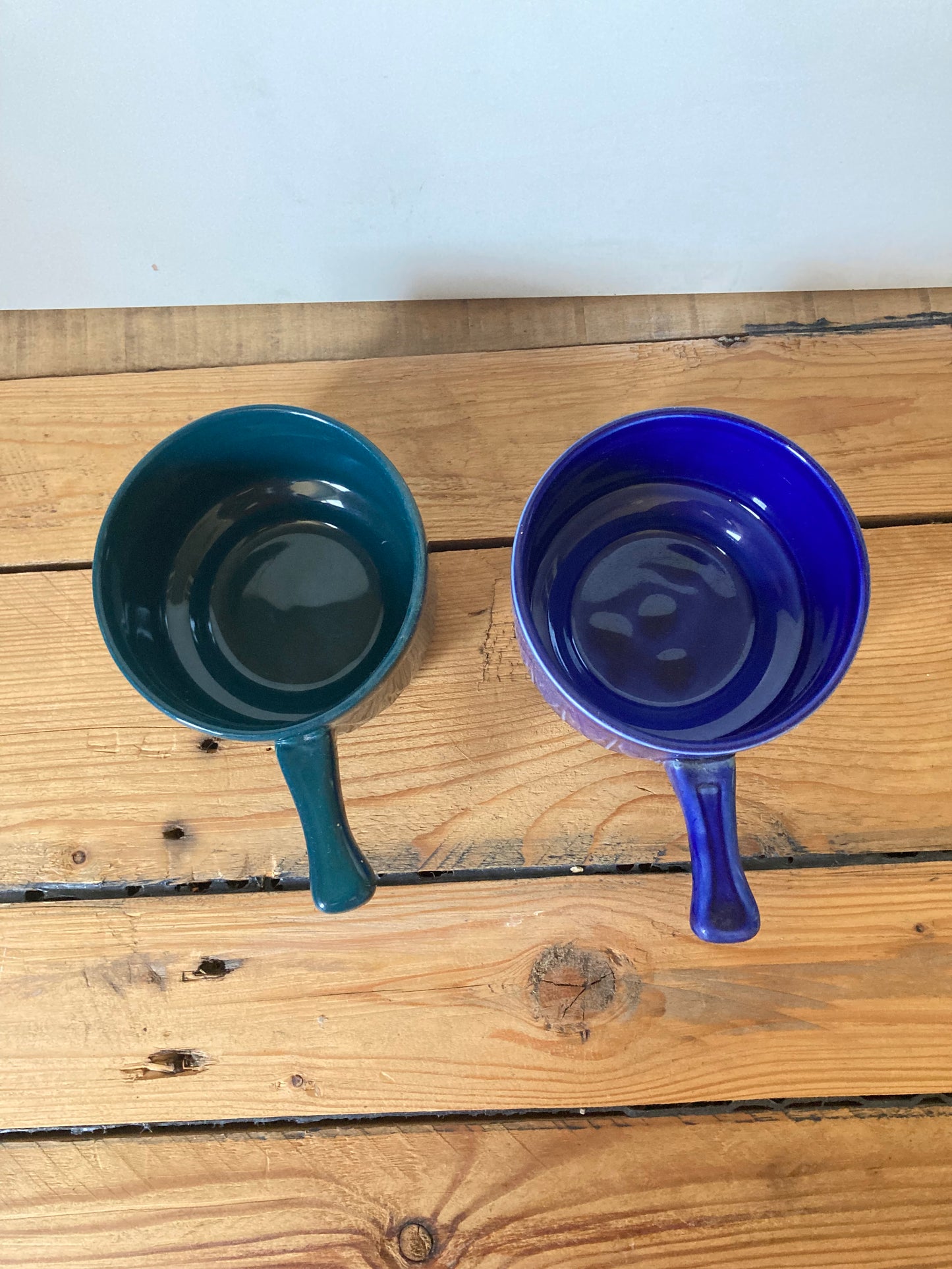 Vintage Tams Pottery Handled Soup Bowls | Set of 2 Blue & Green Stoneware Bowls | Made in England