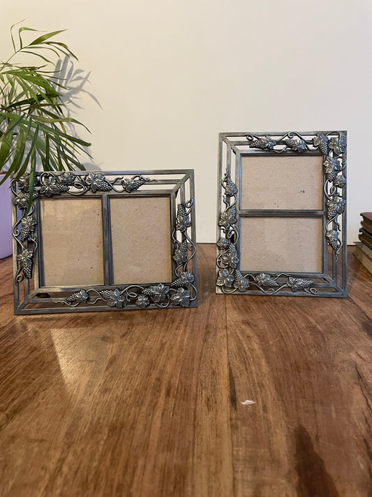 Vintage Connoisseur Double Photo Frames X 2 Grape Design 2 Photos Metal Pewter