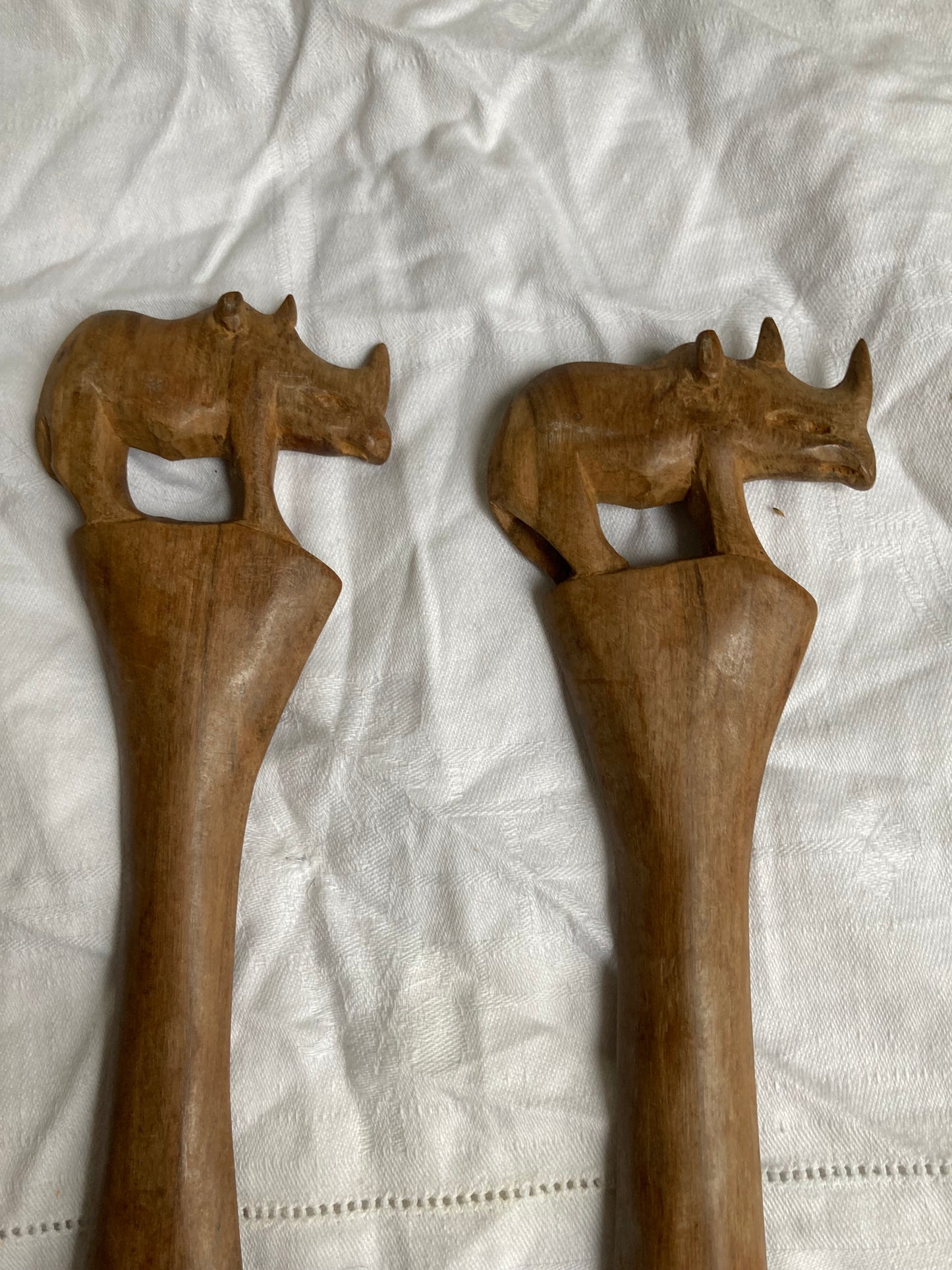 Vintage Wooden Carved Rhino Salad Servers Ethnic Rustic Mid Century