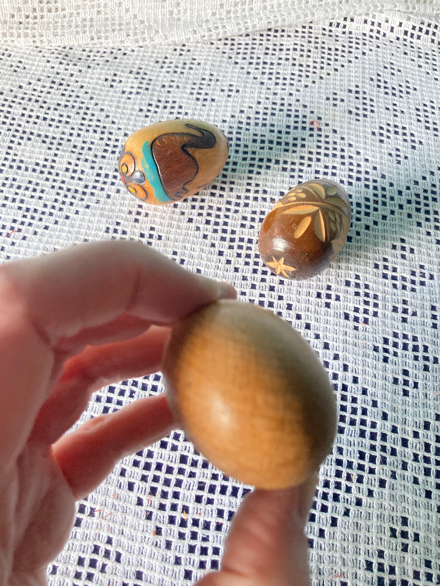 Hand Carved Decorated Wooden Egg Trio