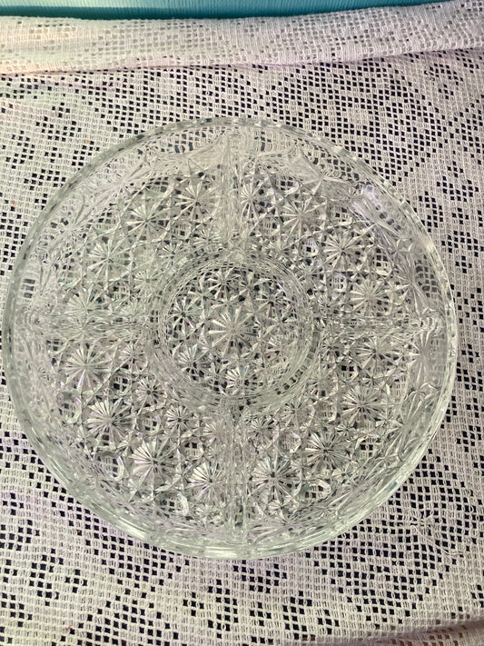 Daisy Button Pattern Divided Relish 5-part Round Vintage Pressed Clear Glass
