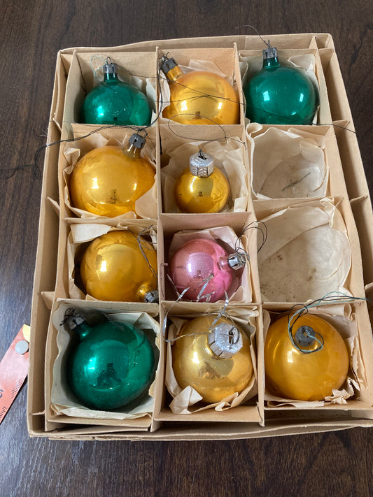 Boxed Vintage Glass Baubles, Green, Gold & Pink