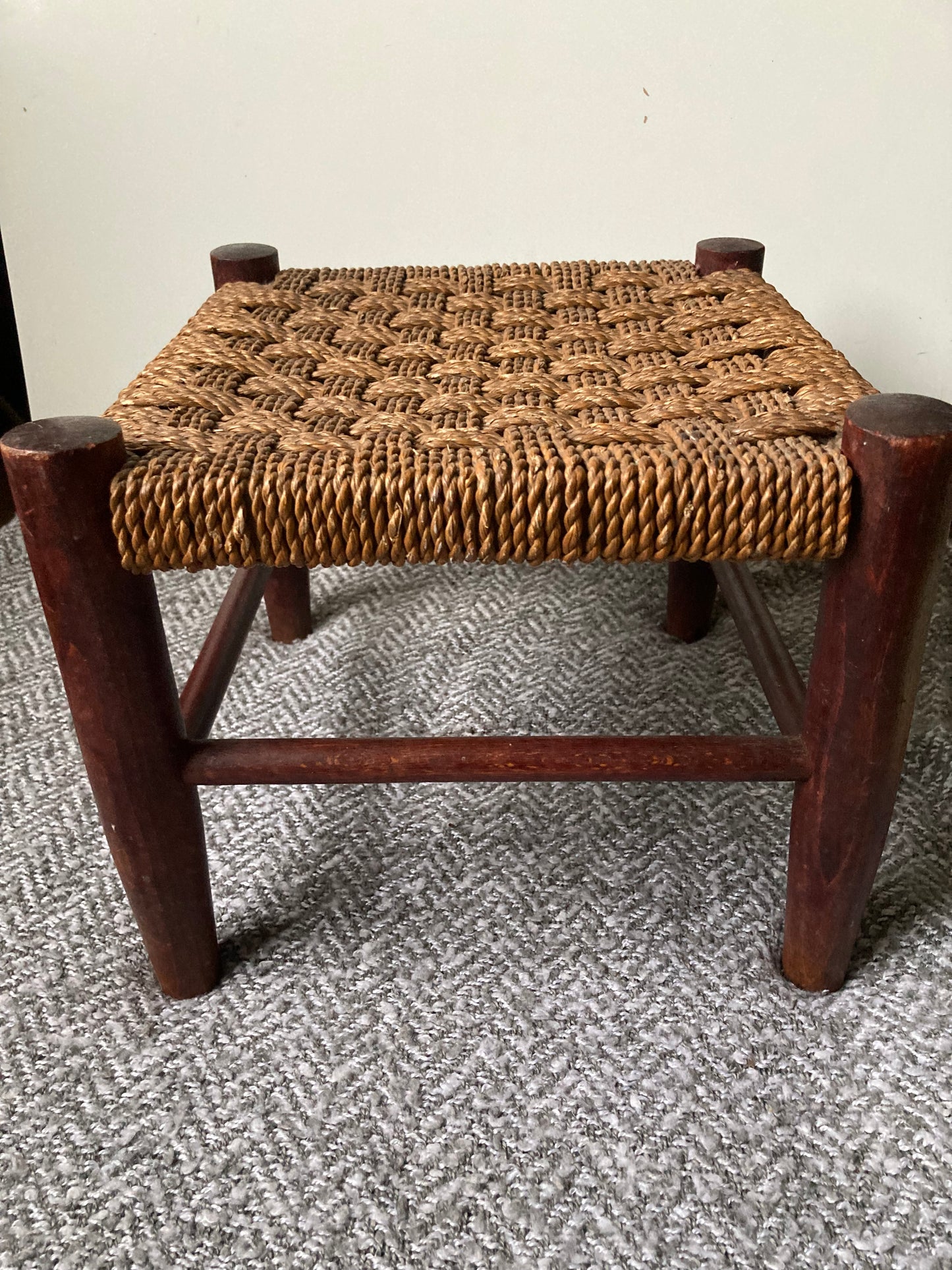 Antique Wooden Foot Stool Woven String Wood Cottage Furniture