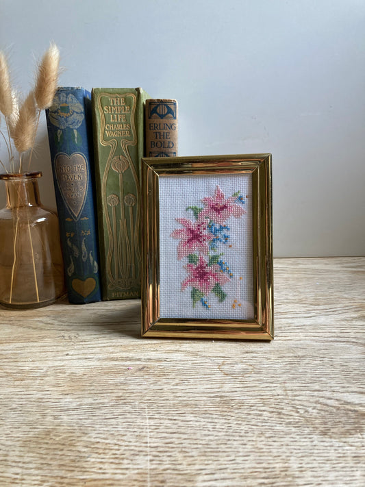 Framed Completed Floral Cross Stitch Small Tapestry Cottage Core Grandmas Decor