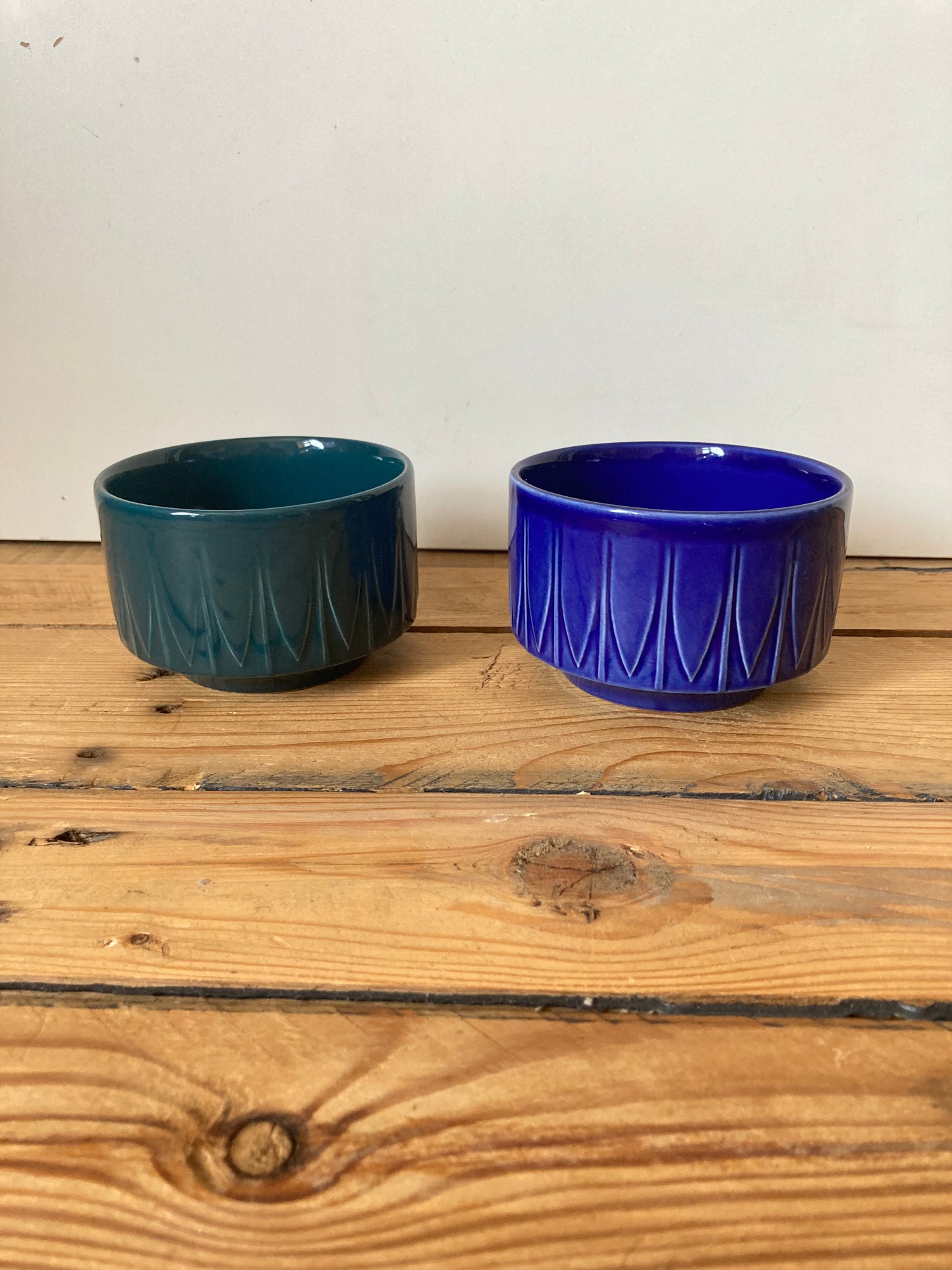 Vintage Tams Pottery Handled Soup Bowls | Set of 2 Blue & Green Stoneware Bowls | Made in England