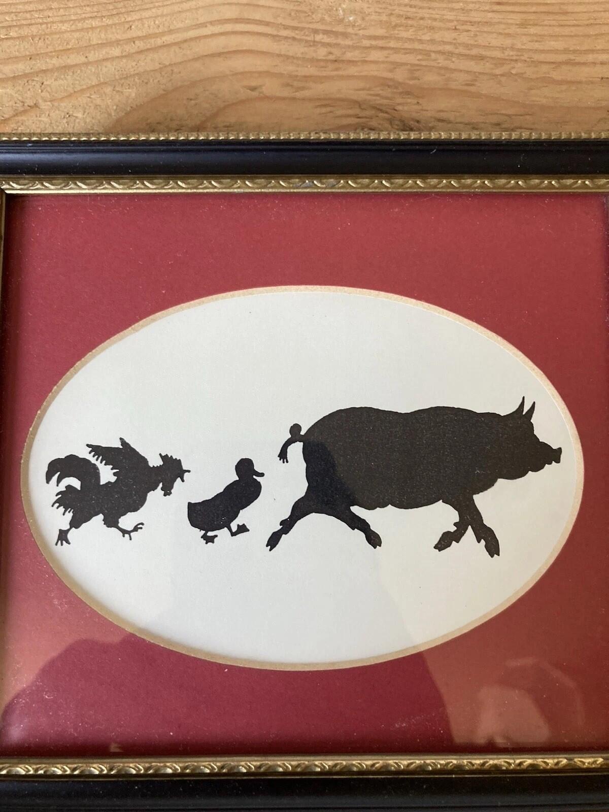 Framed Silhouette Picture Farm Animals Pig Duck Rooster Oval Wall Art