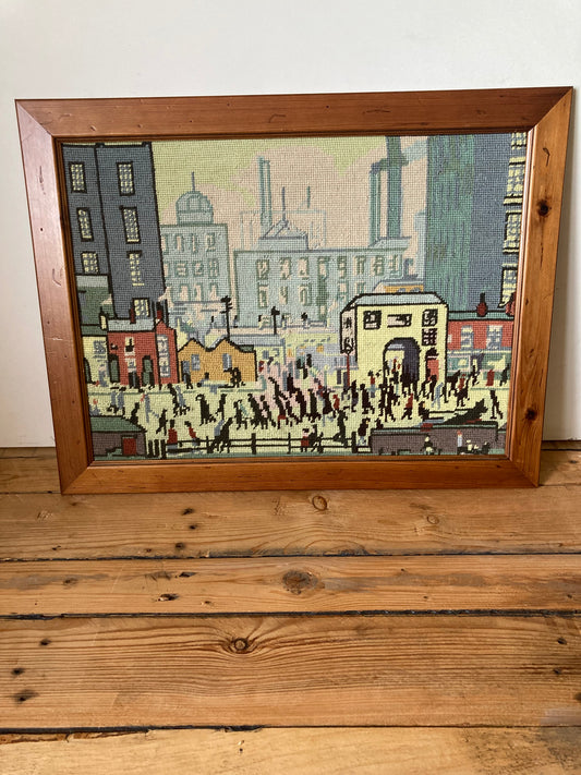 Lowry Style Coming From The Mill Framed Cross Stitch Textile Art