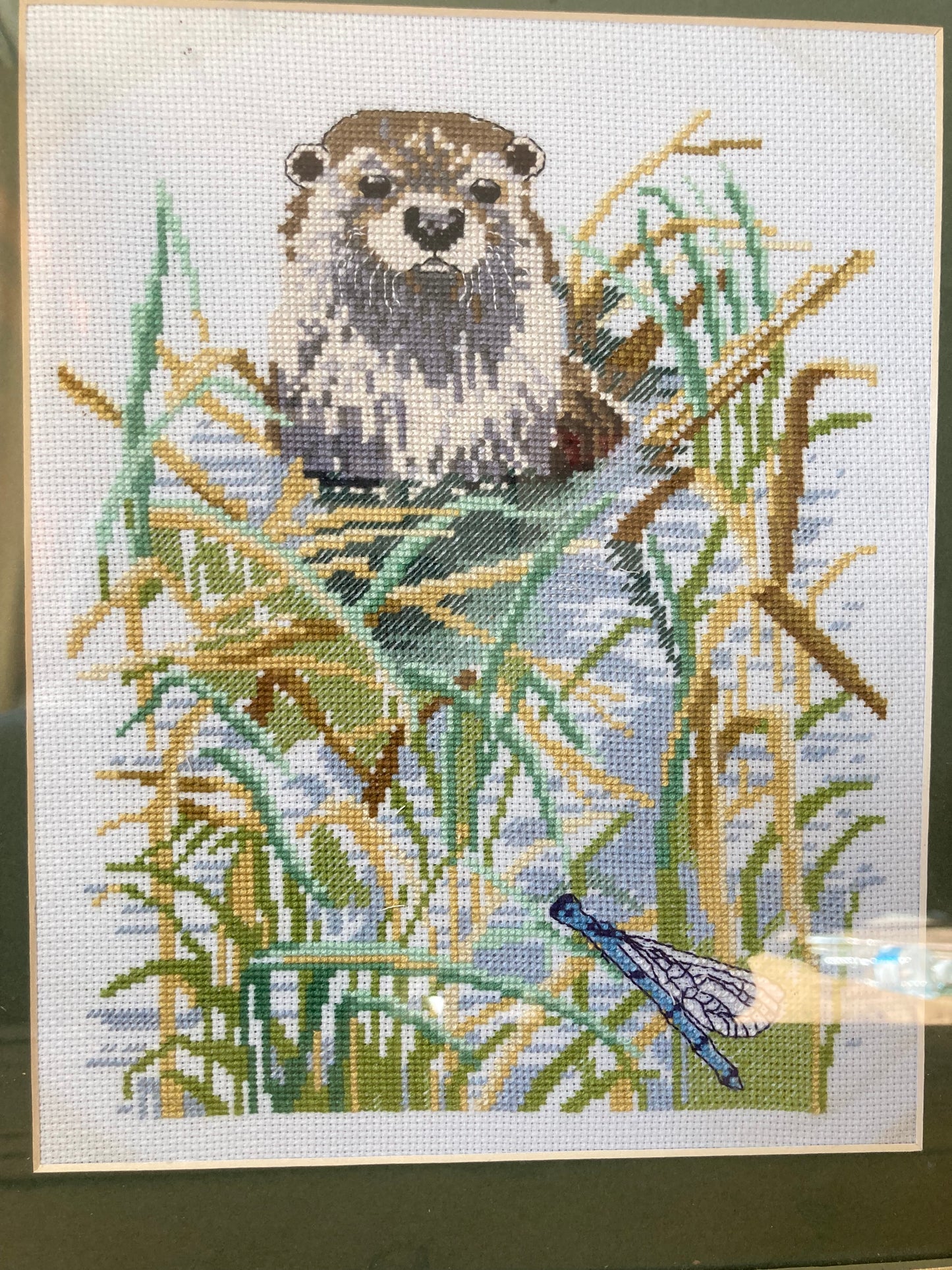 Vintage Framed Otter Needlepoint in Green Wood Frame