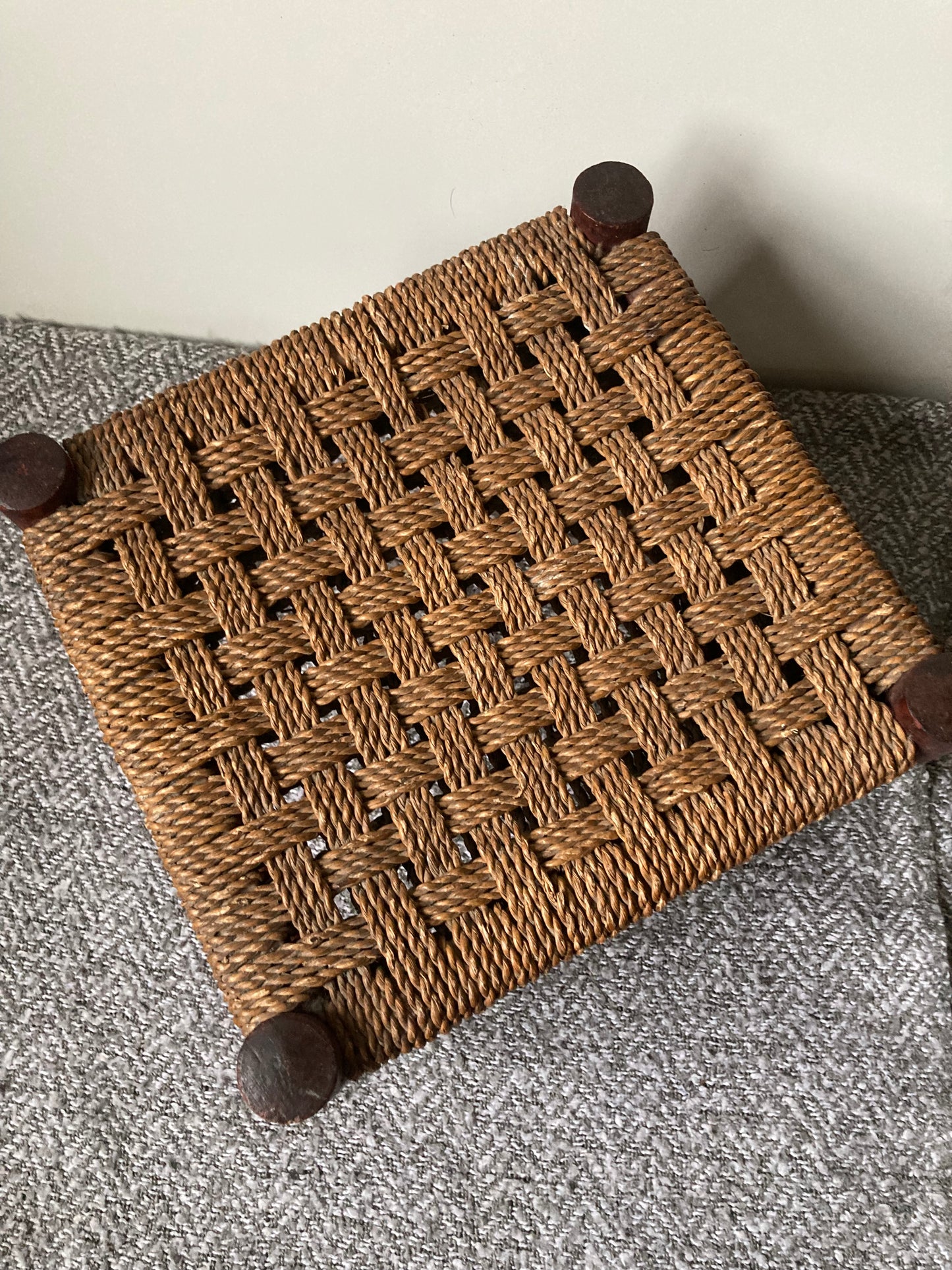 Antique Wooden Foot Stool Woven String Wood Cottage Furniture