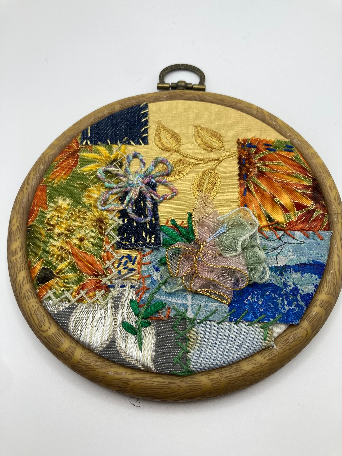 Floral Mixed Media Hand Stitched Medium Round Hoop Wall Art - Bloom & Heirloom Vintage Decor