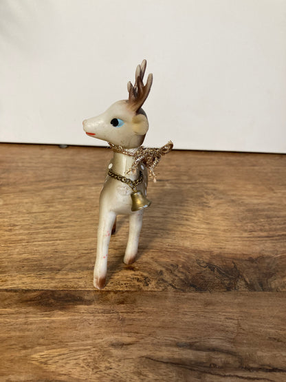 Vintage Reindeer Figure Hard Plastic Blue Eyed with Bell Ornament