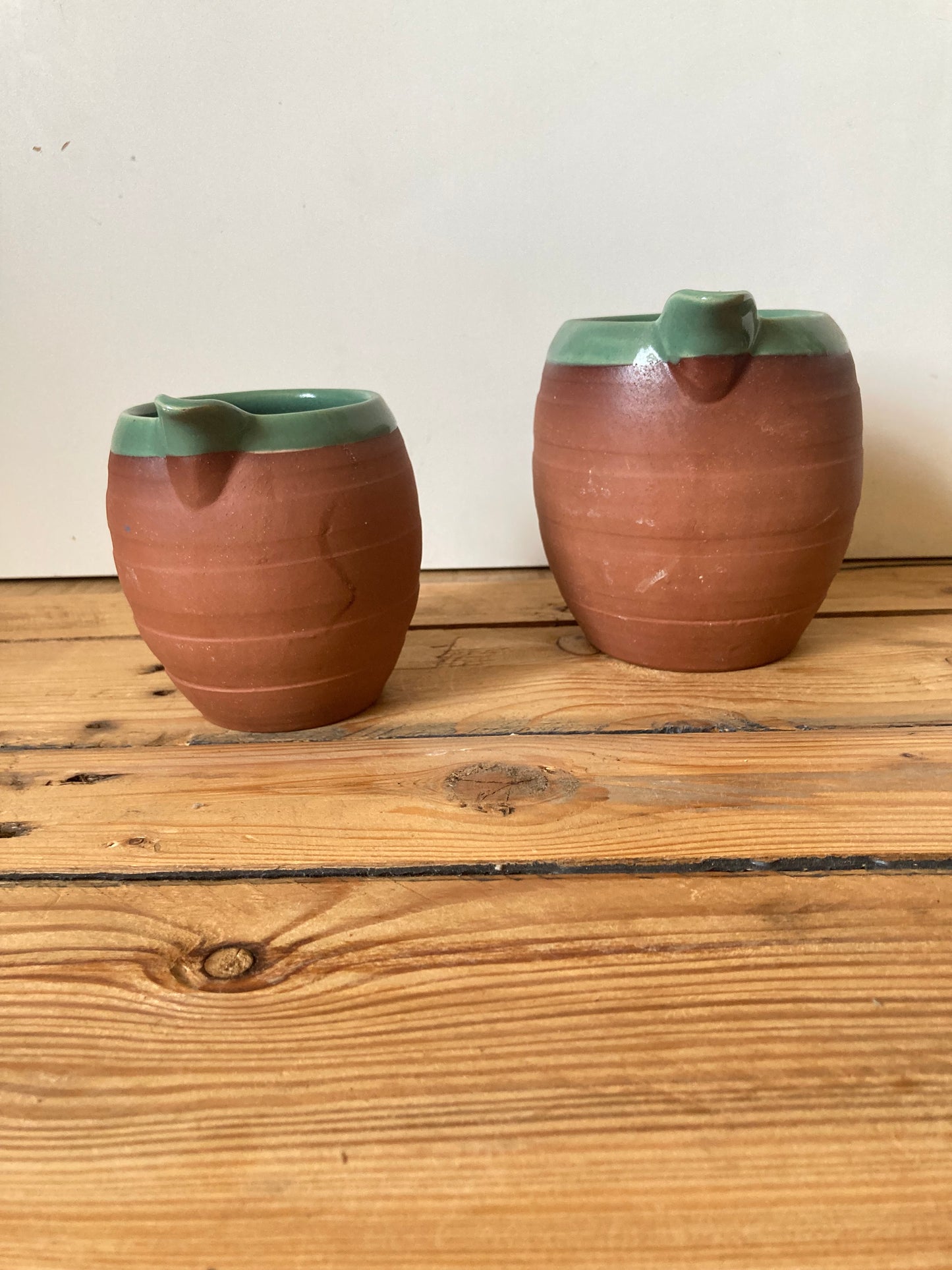 Pair of Vintage Royal Barum Ware Terracotta Cream Jugs | C.H. Brannam Pottery Devon