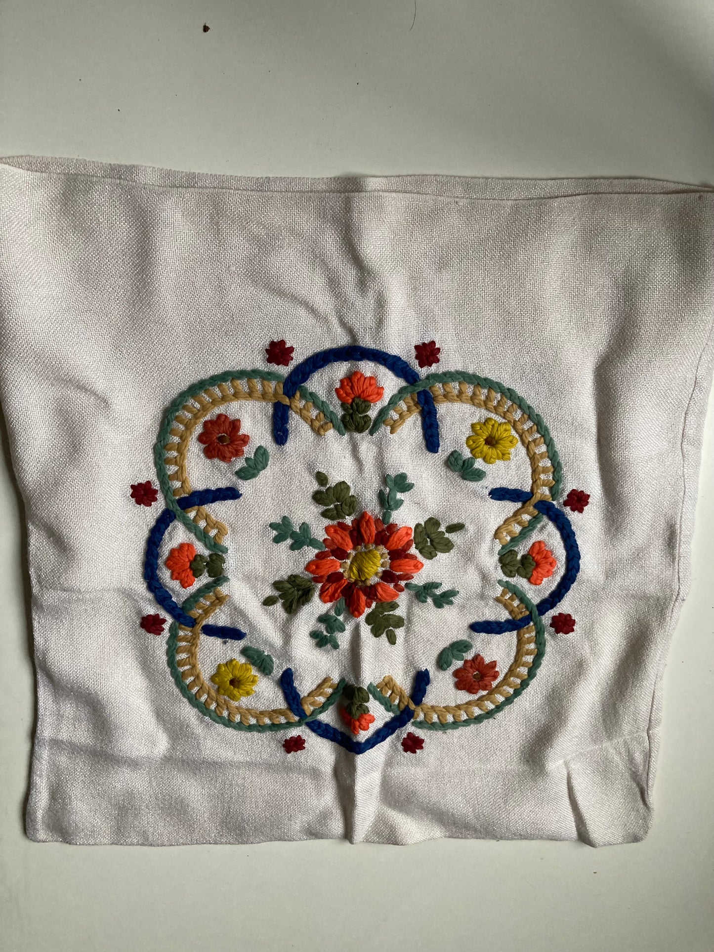 Vintage Linen Hand Embroidered Floral Seat Back Cover