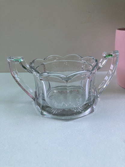 Glass Sugar Bowl Sweet Dish Scalloped Edges Handled