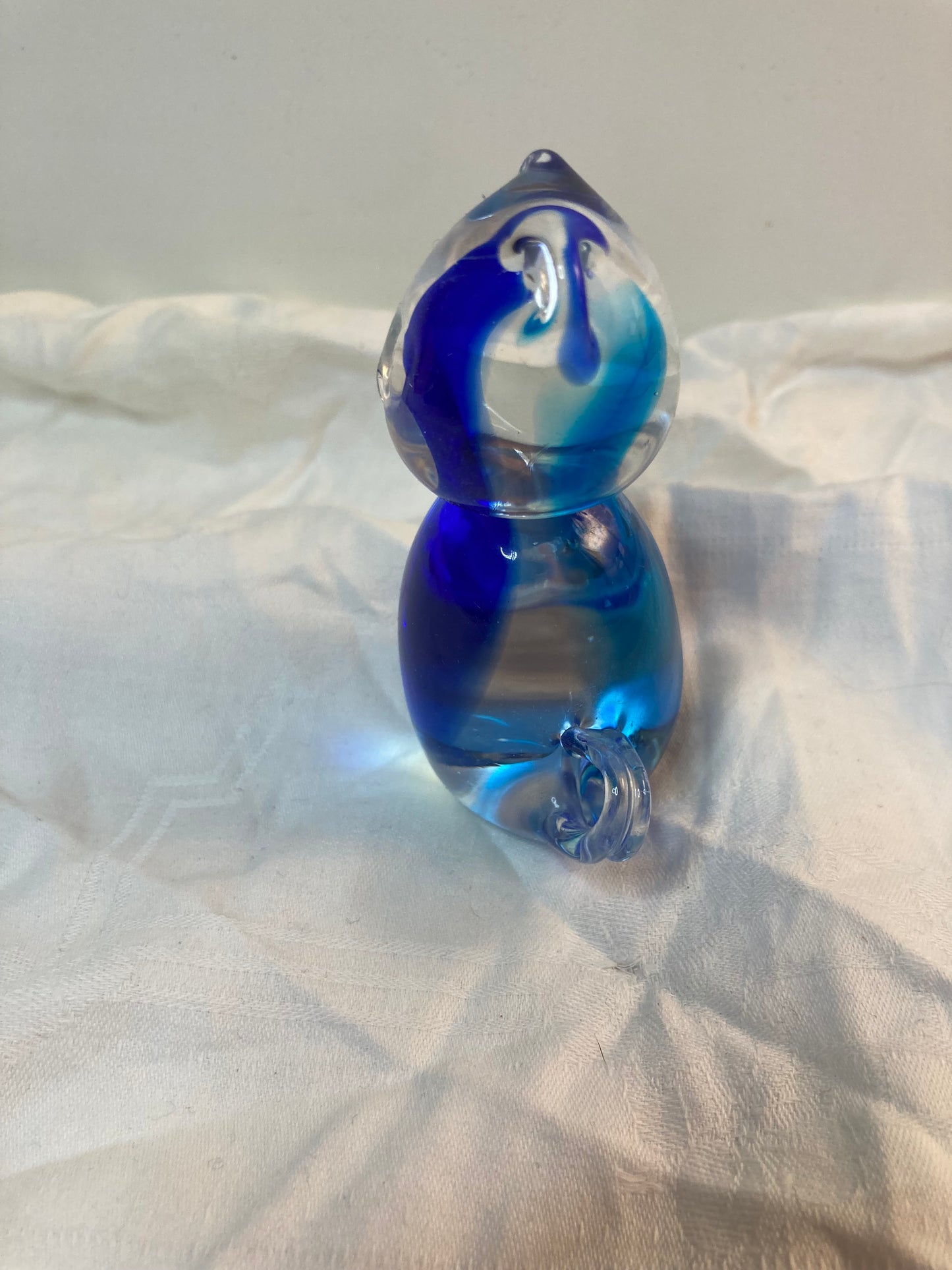 Vintage Blue Art Glass Cat Figurine With Curled Tail 3” Cat Lover Gift