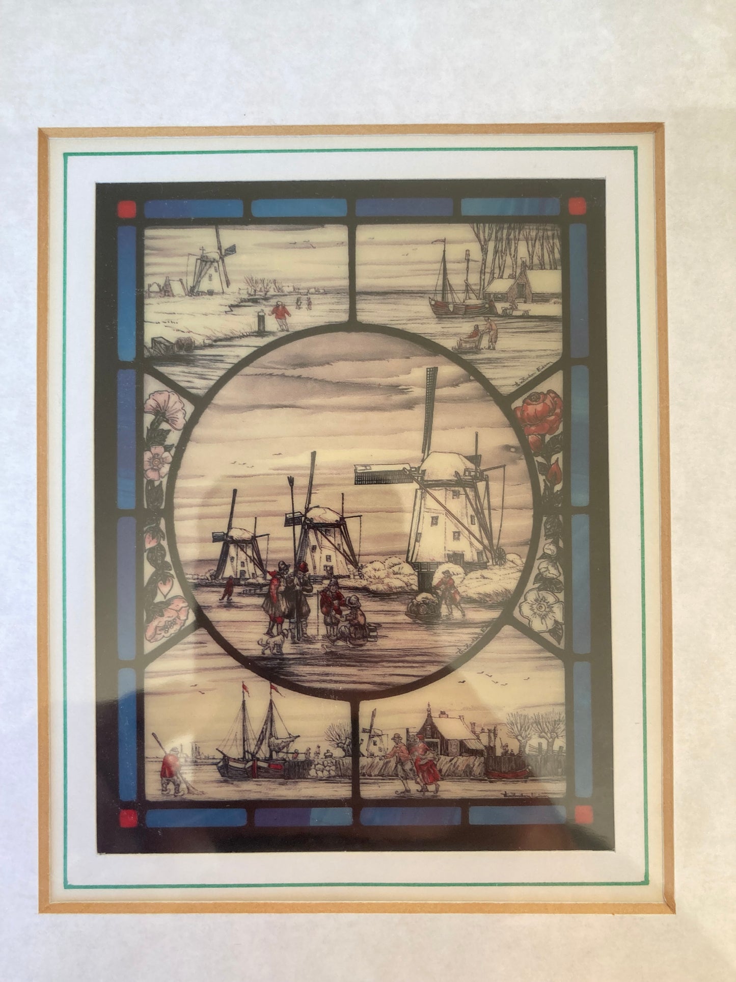 Vintage Dutch Delft Style Framed Maritime Print, Sailing Scene