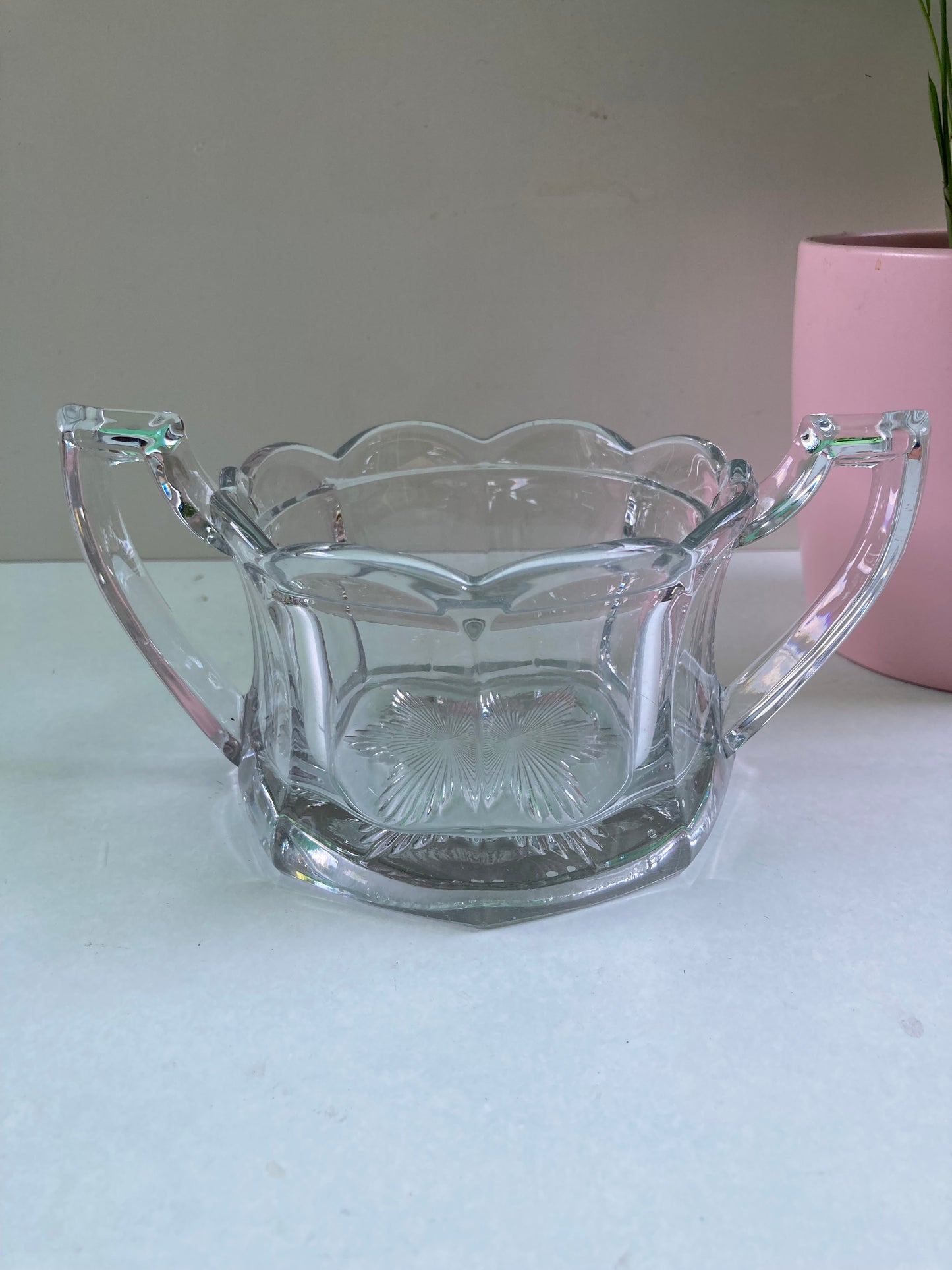 Glass Sugar Bowl Sweet Dish Scalloped Edges Handled