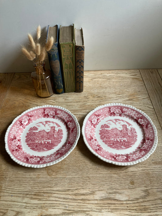 Red Transferware Plates Set of 2 Adam’s Wnglish Scenic Side Plates