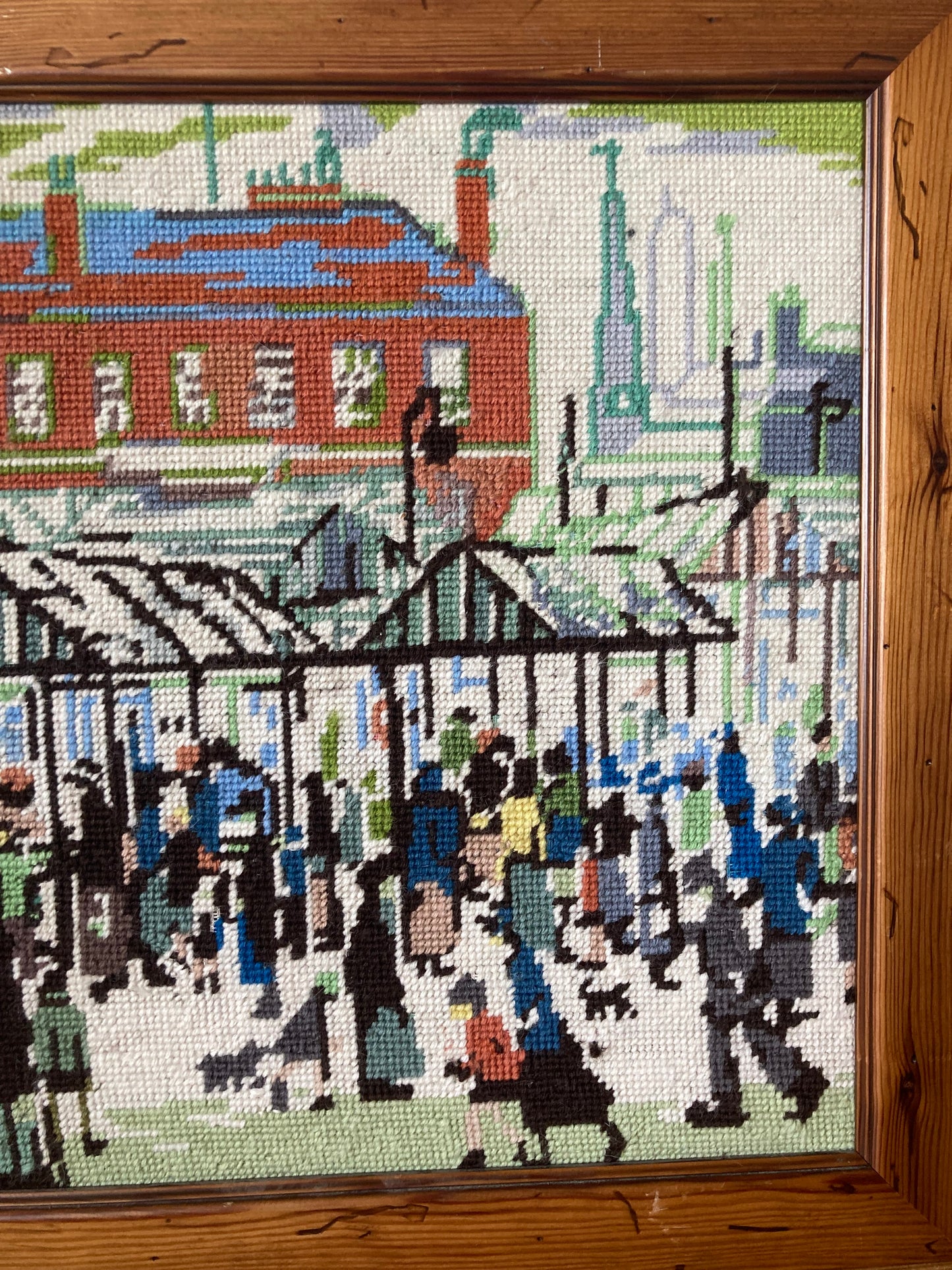 Lowry Style Market Scene Framed Tapestry Vintage Textile Wall Art