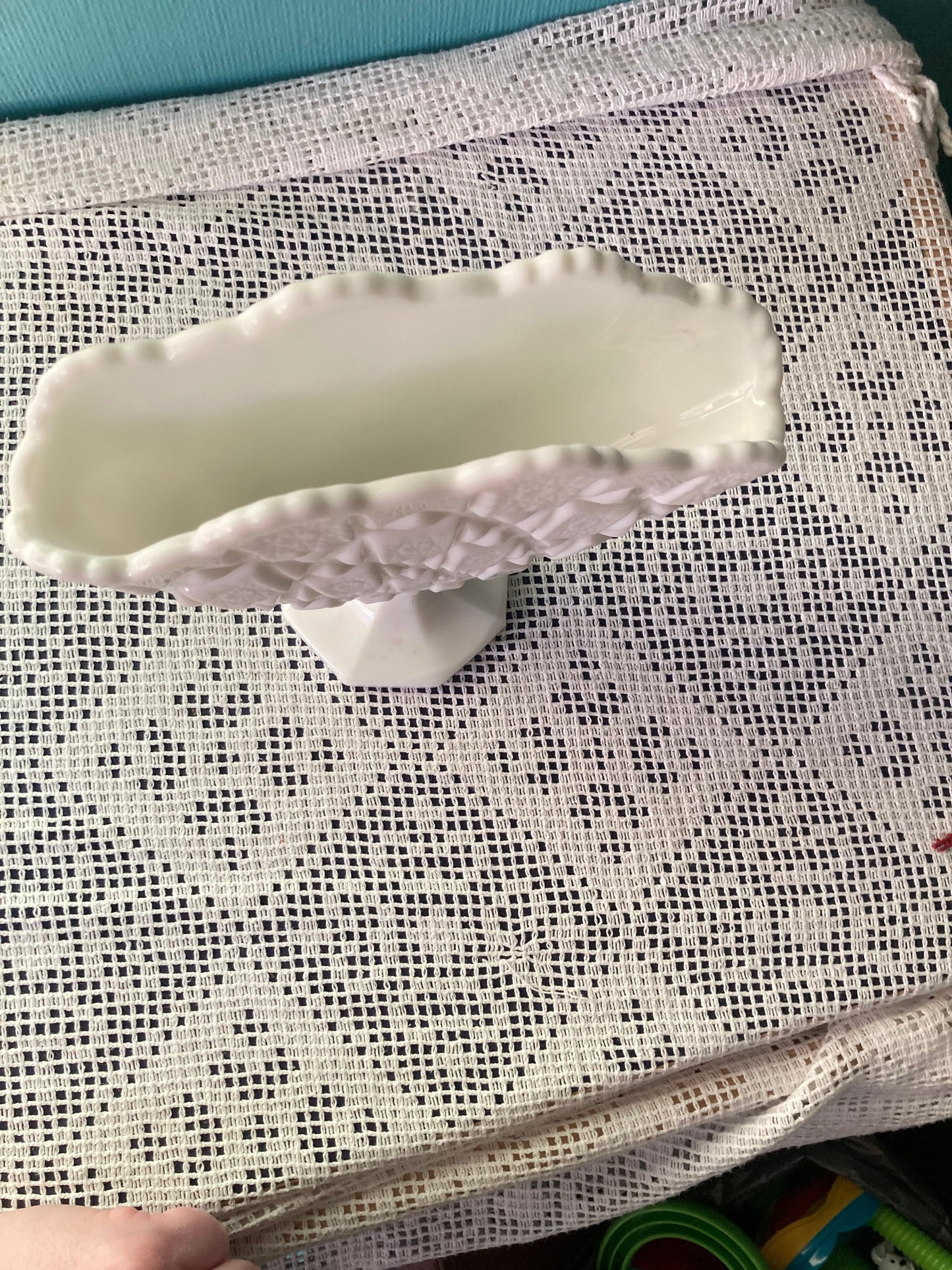 Vintage Westmoreland Old Quilt Pattern Milk Glass Pedestal Fan Vase