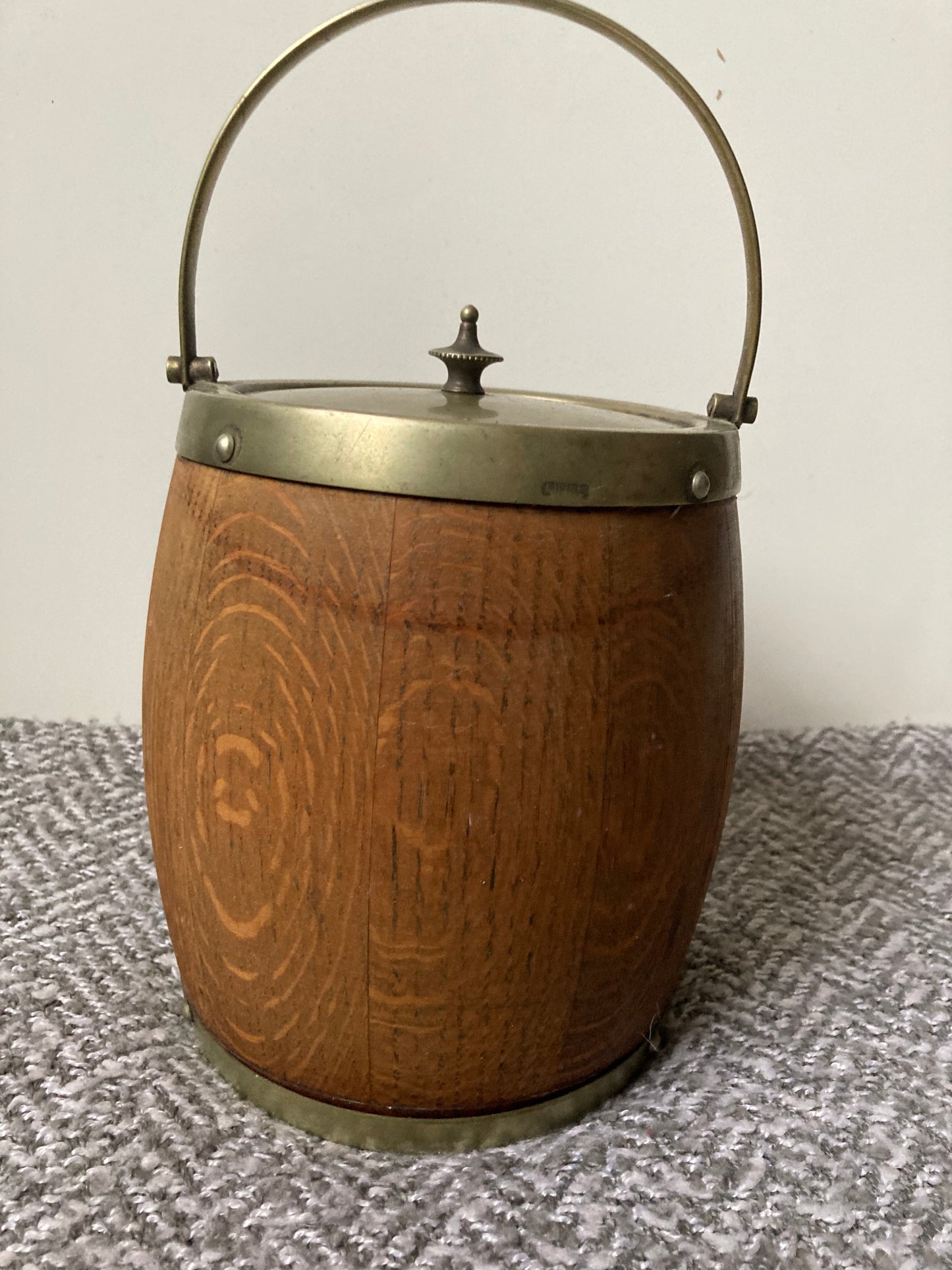 Antique English Oak and Brass Biscuit Box / Barrel