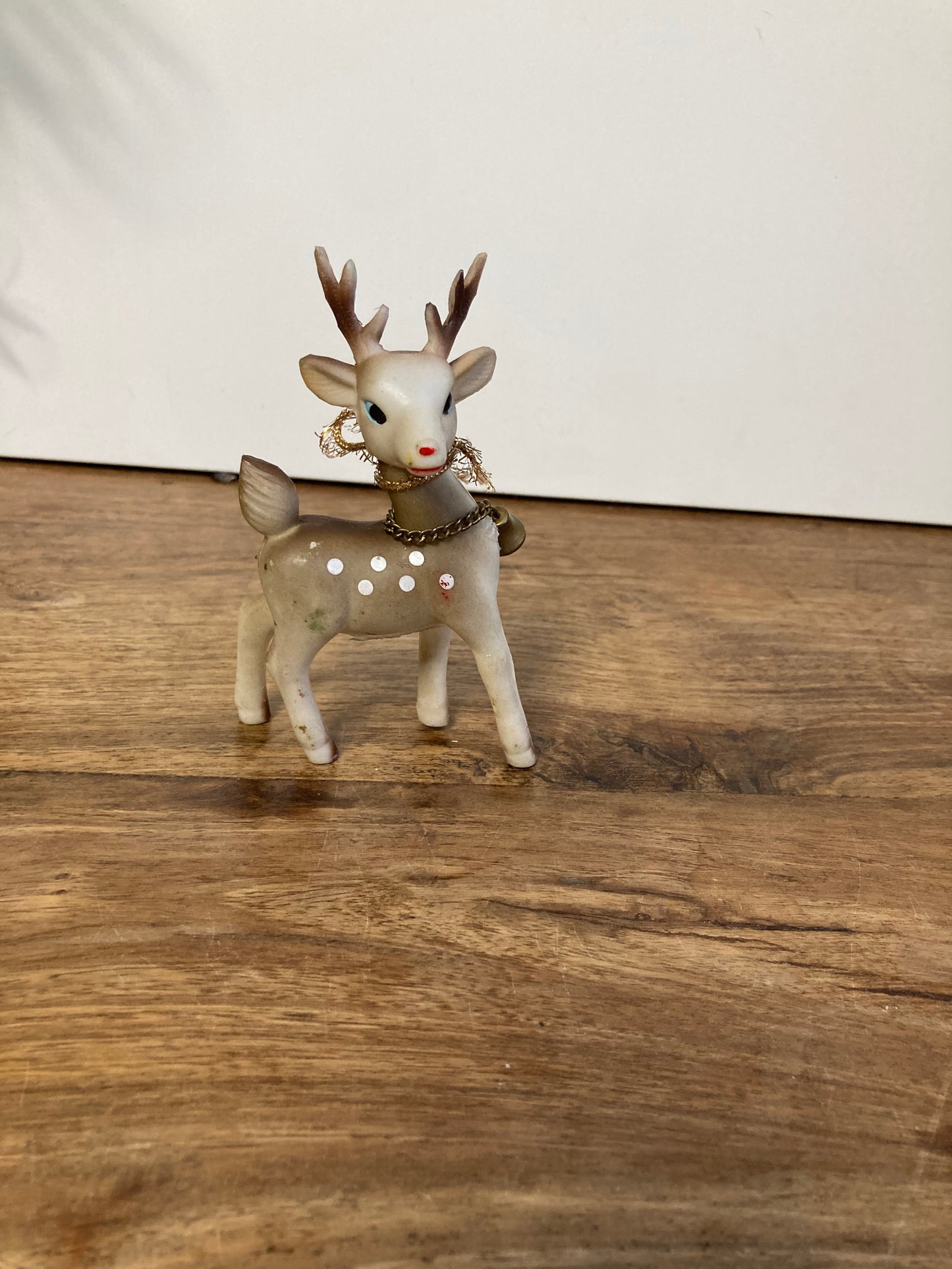 Vintage Reindeer Figure Hard Plastic Blue Eyed with Bell Ornament