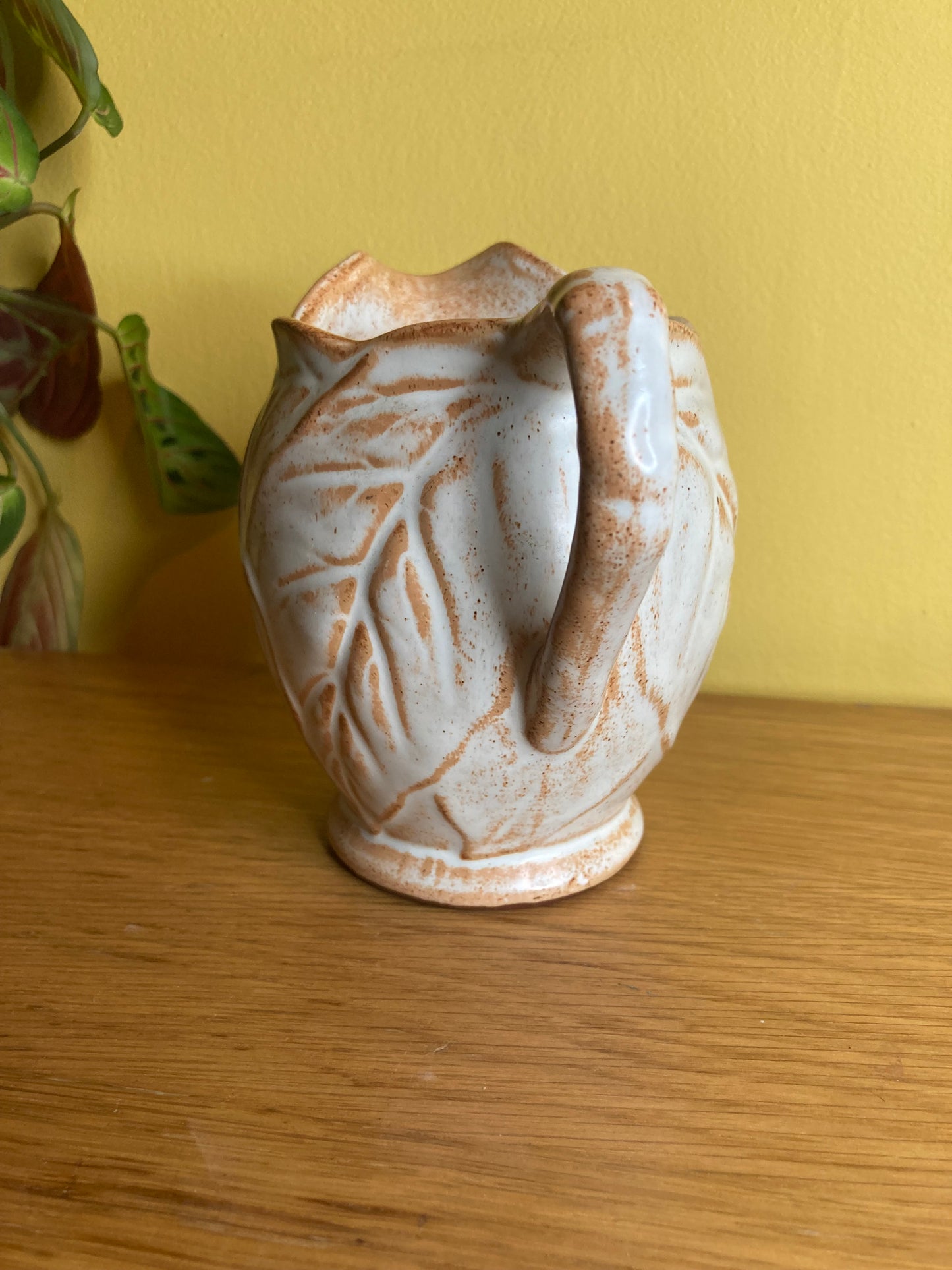 Leaf Pattern Jug Studio Pottery Terracotta with White Glaze