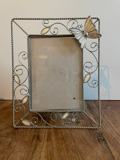 Mother Of Pearl Inlay Butterfly Spiral Wire Photo Frame Leaf Bead Vintage Gift