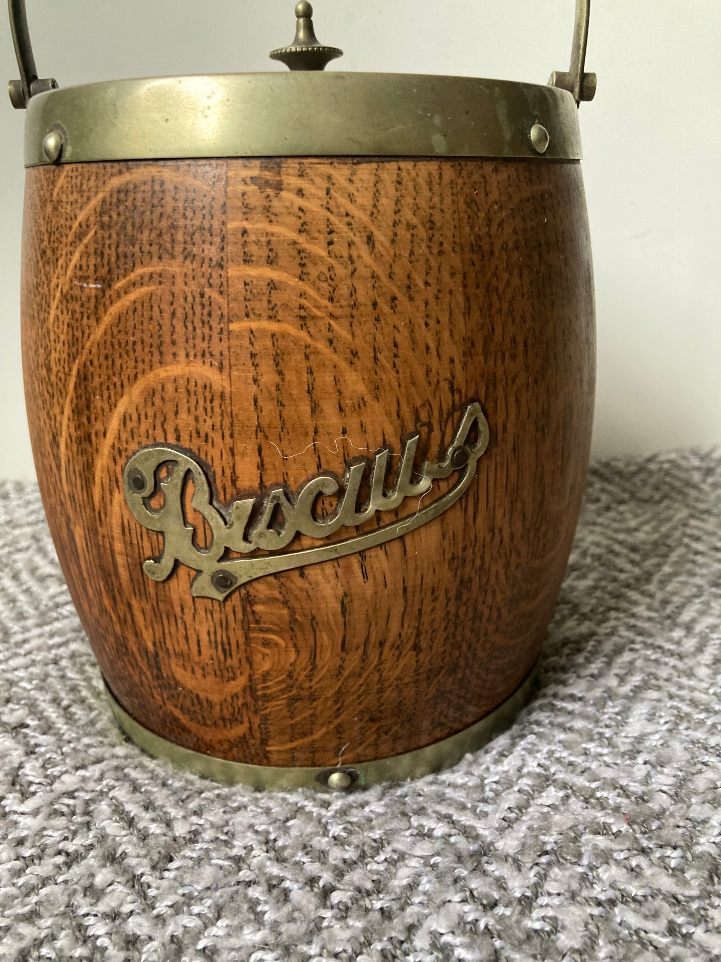 Antique English Oak and Brass Biscuit Box / Barrel