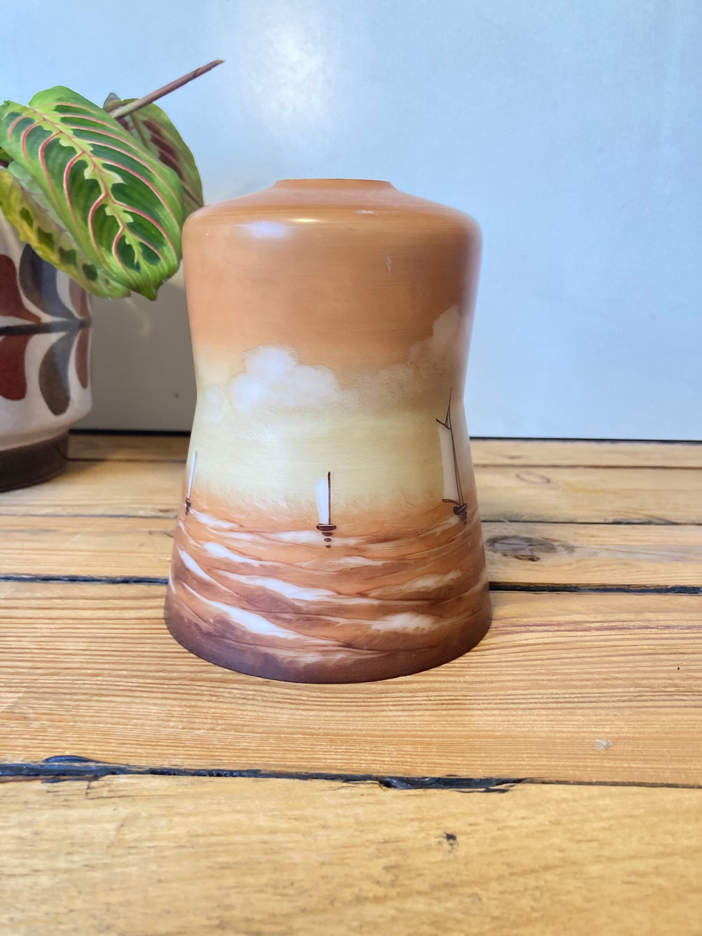 Vintage Hand Painted Glass Lamp Shade Nautical Sailboat Amber Brown