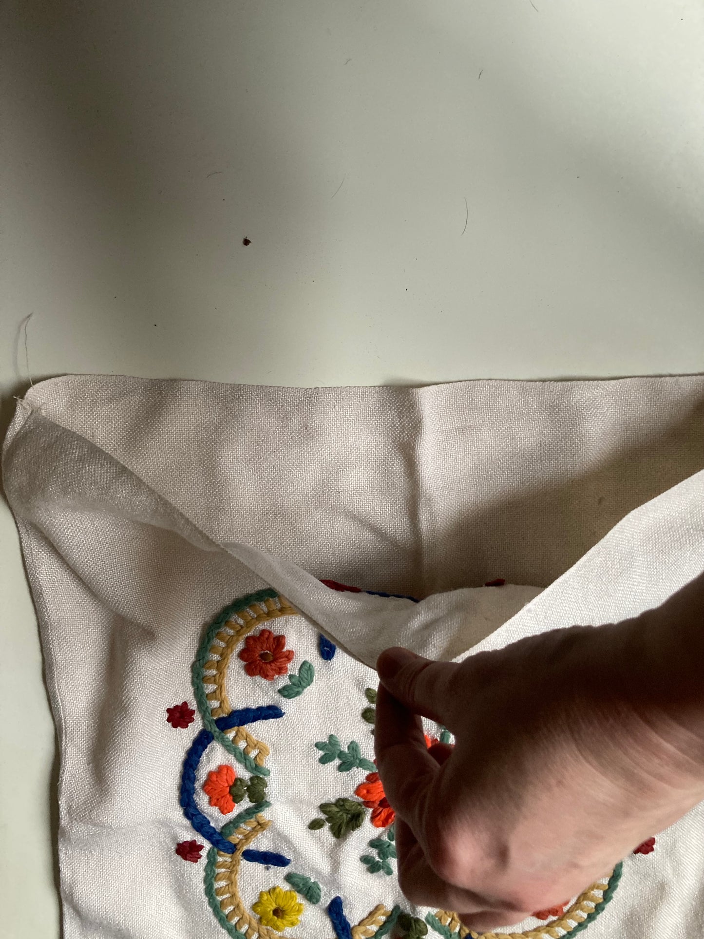 Vintage Linen Hand Embroidered Floral Seat Back Cover