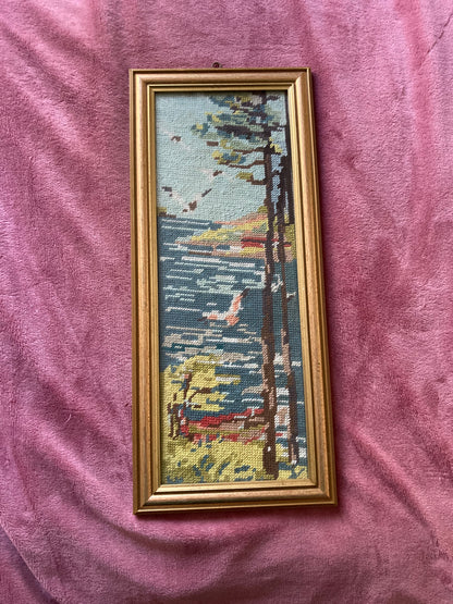 Framed Needlepoint Picture Coastal Landscape Coastline Vintage Trees Birds