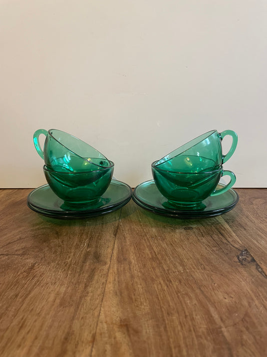 Vintage Green Cup and Saucer Set of 4 Glass Tea Set ARCOROC France Afternoon Tea