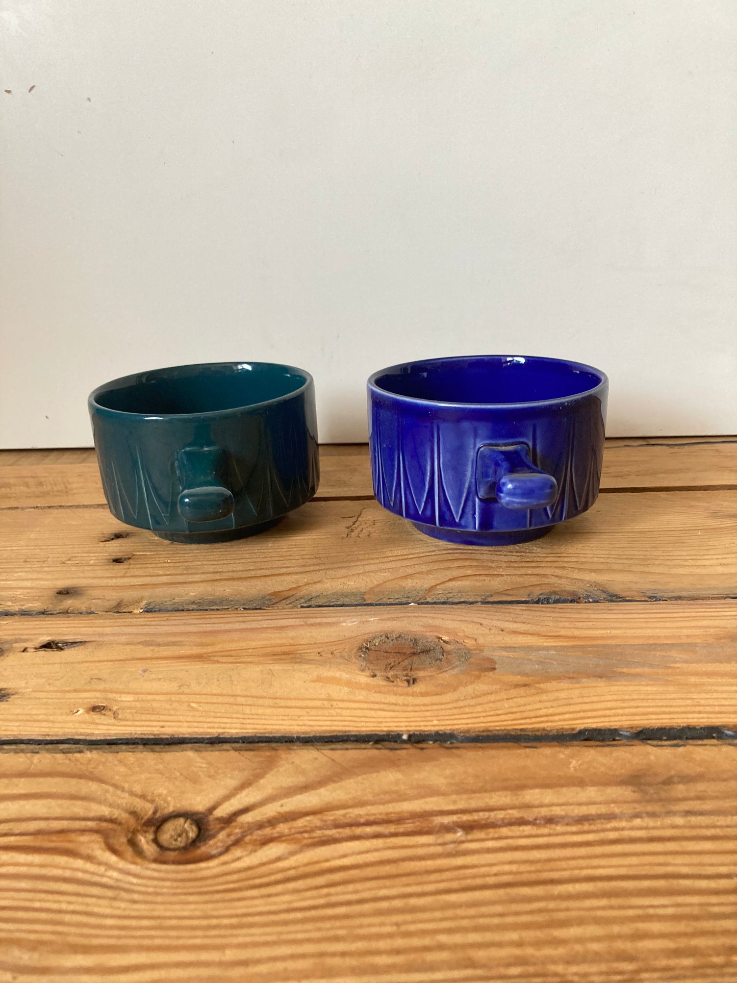 Vintage Tams Pottery Handled Soup Bowls | Set of 2 Blue & Green Stoneware Bowls | Made in England