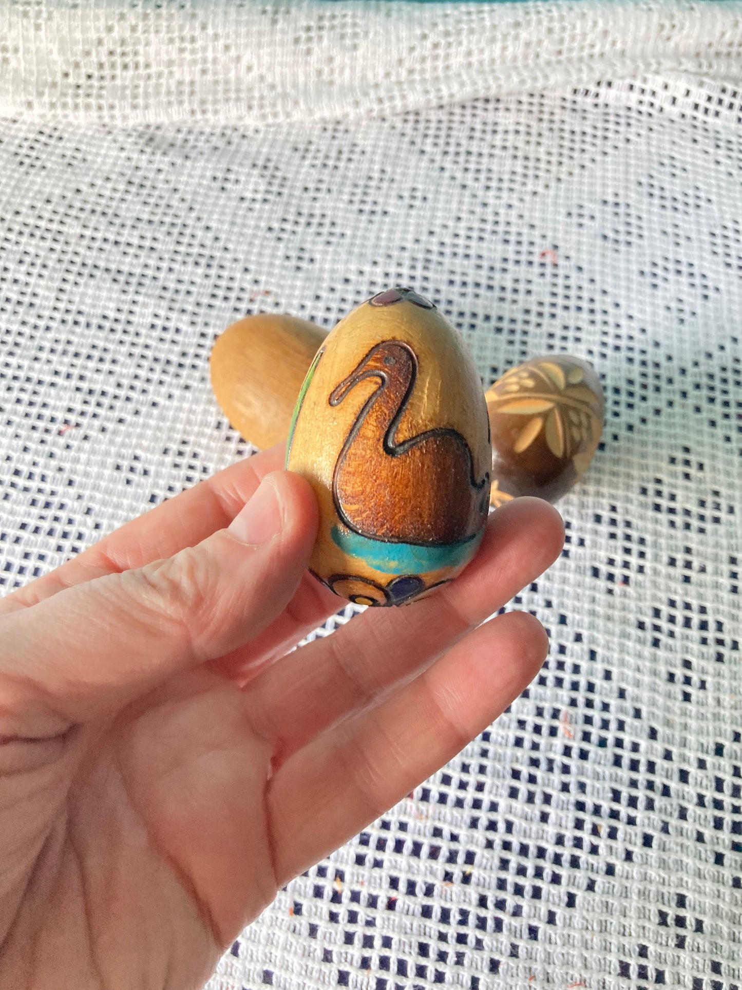 Hand Carved Decorated Wooden Egg Trio