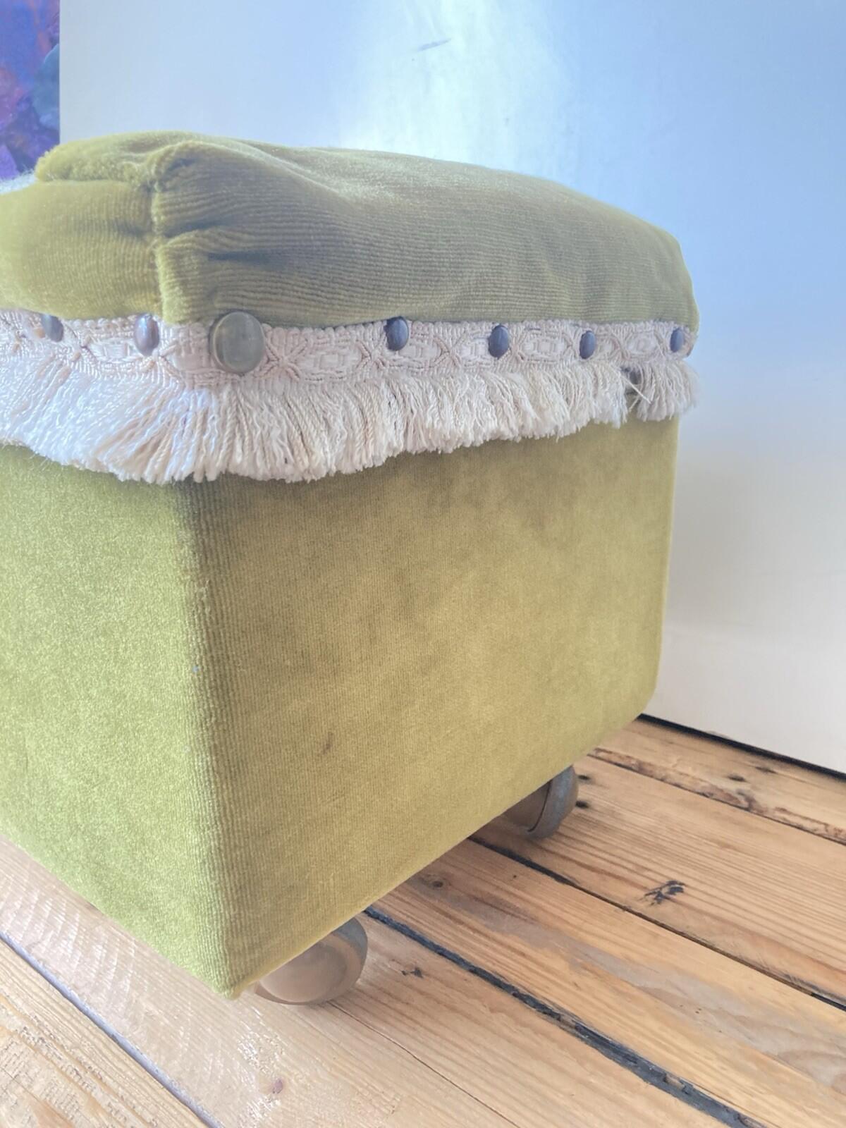 Vintage Embroidered Footstool Sewing Box Floral Design On Wheels