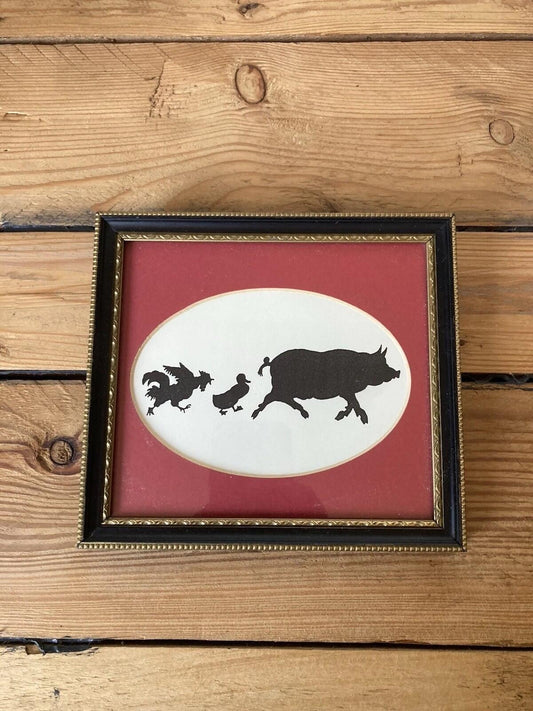 Framed Silhouette Picture Farm Animals Pig Duck Rooster Oval Wall Art
