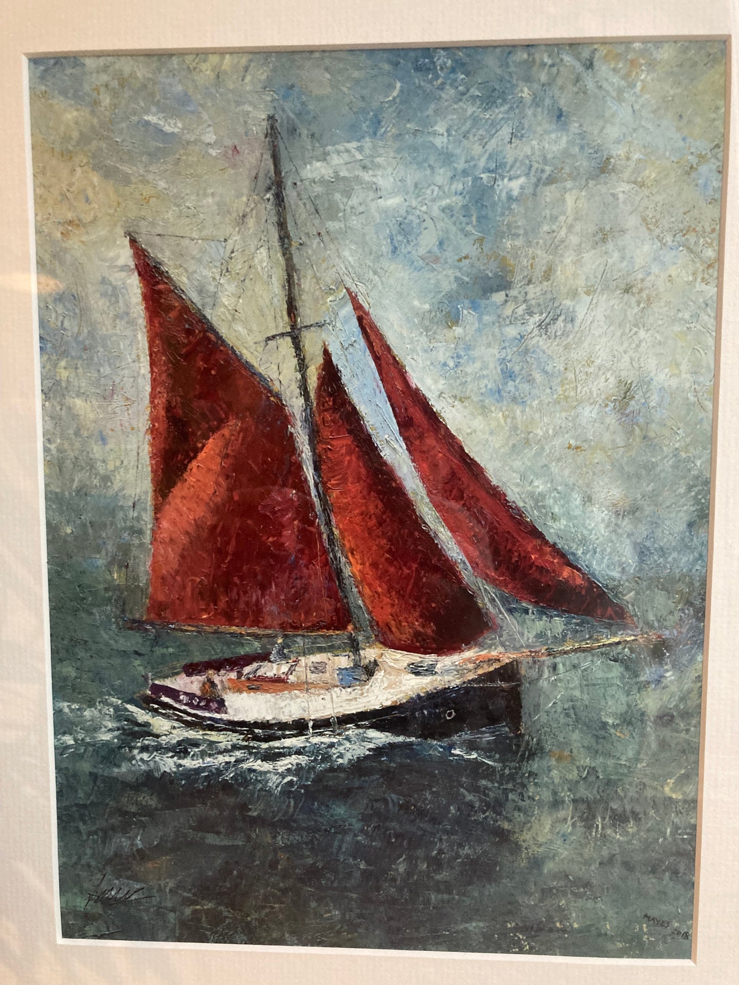 Signed Framed Print  'red sails'  from an oil by Jeremy Mayes  14 x 11 in