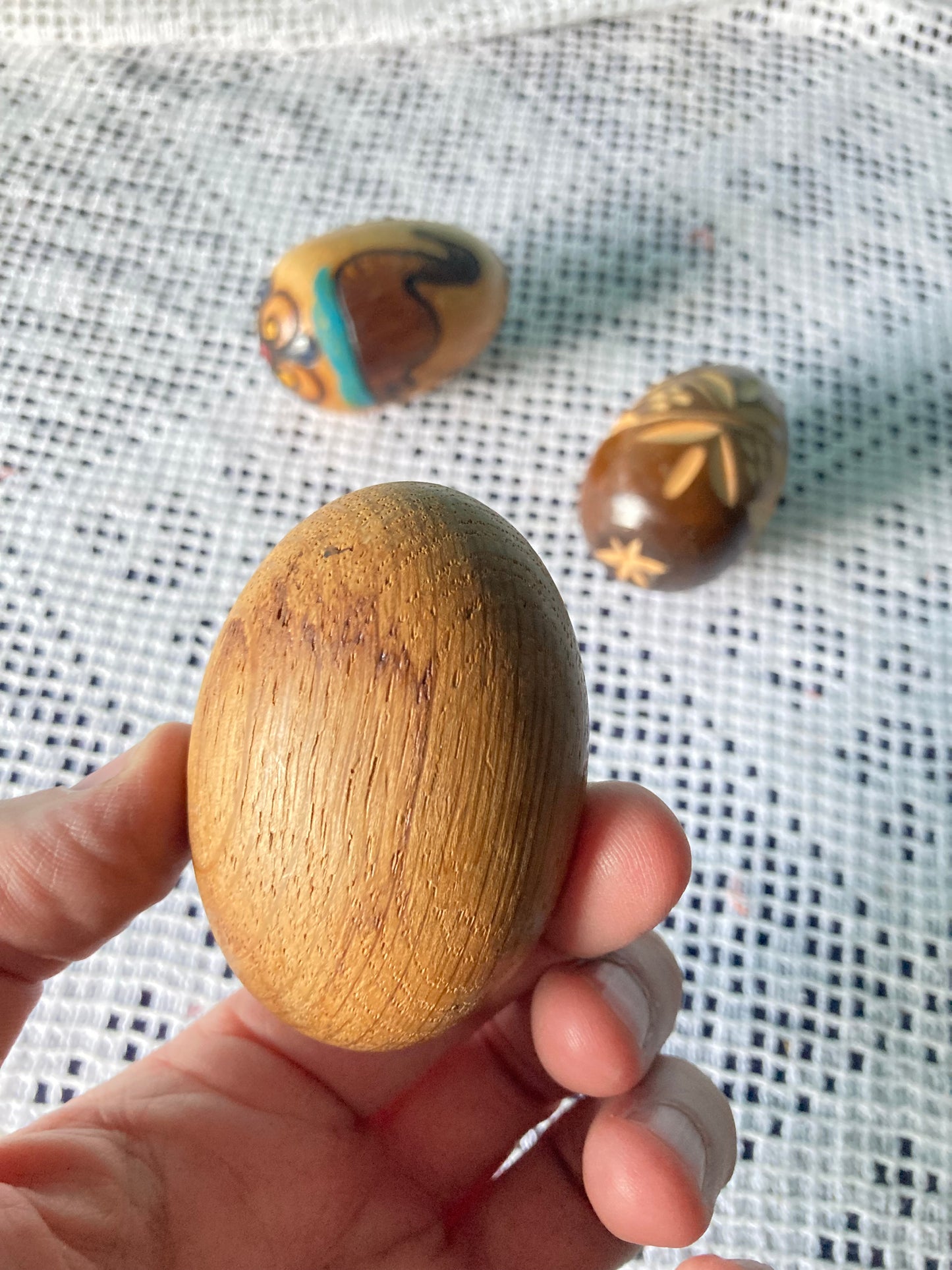 Hand Carved Decorated Wooden Egg Trio