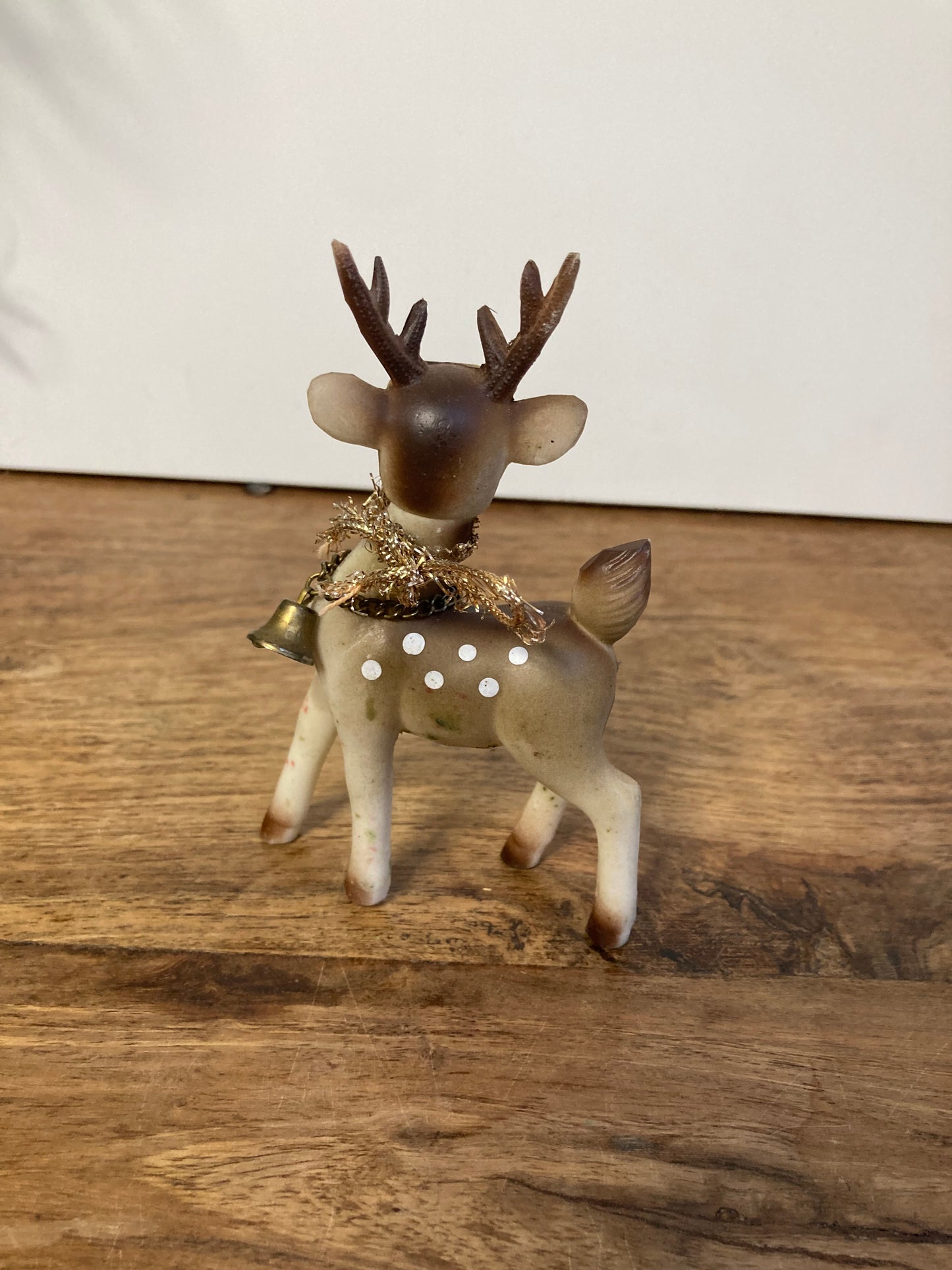 Vintage Reindeer Figure Hard Plastic Blue Eyed with Bell Ornament